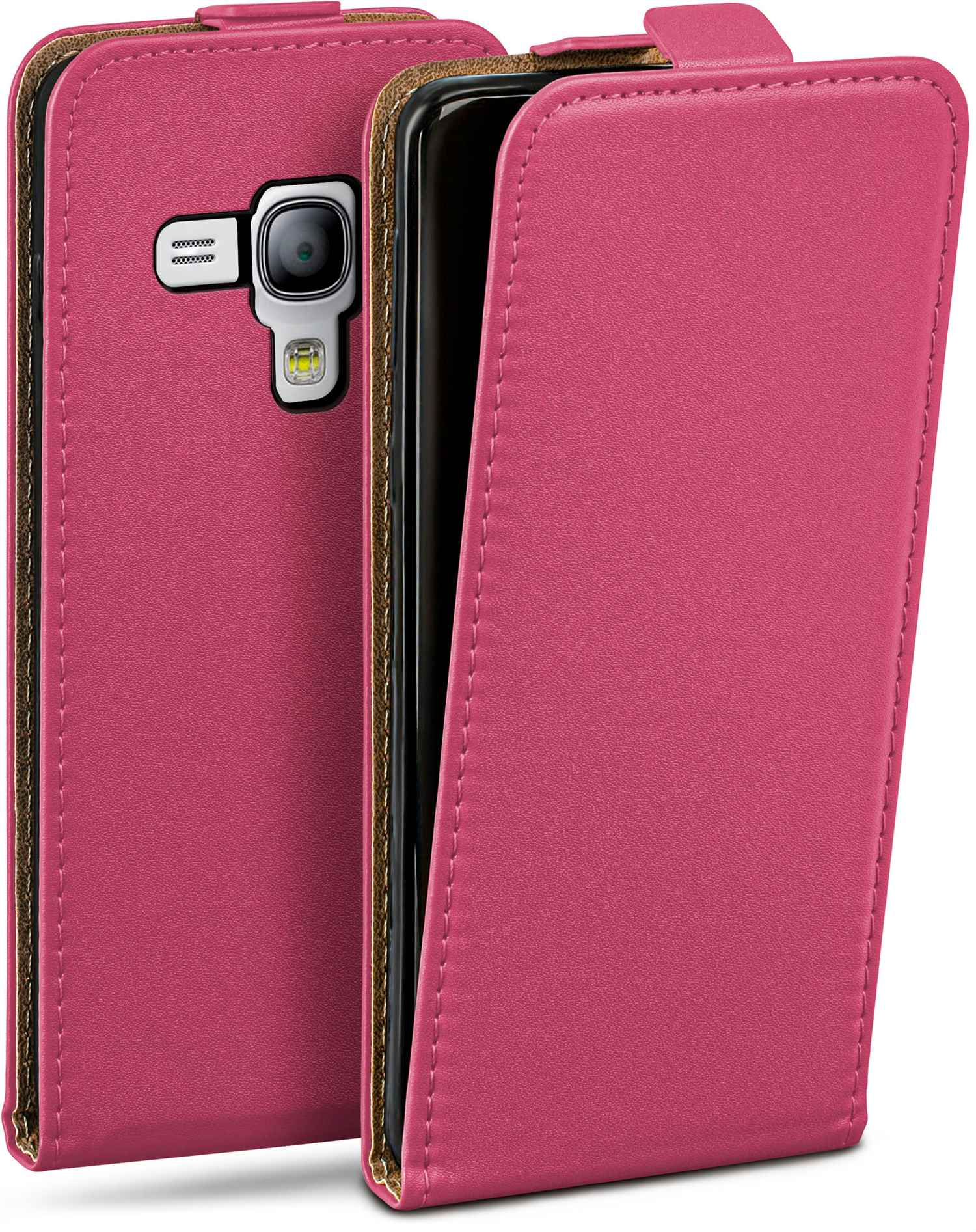 Magentafarbene Handyhülle, geöffnet, um ein Handy zu zeigen.