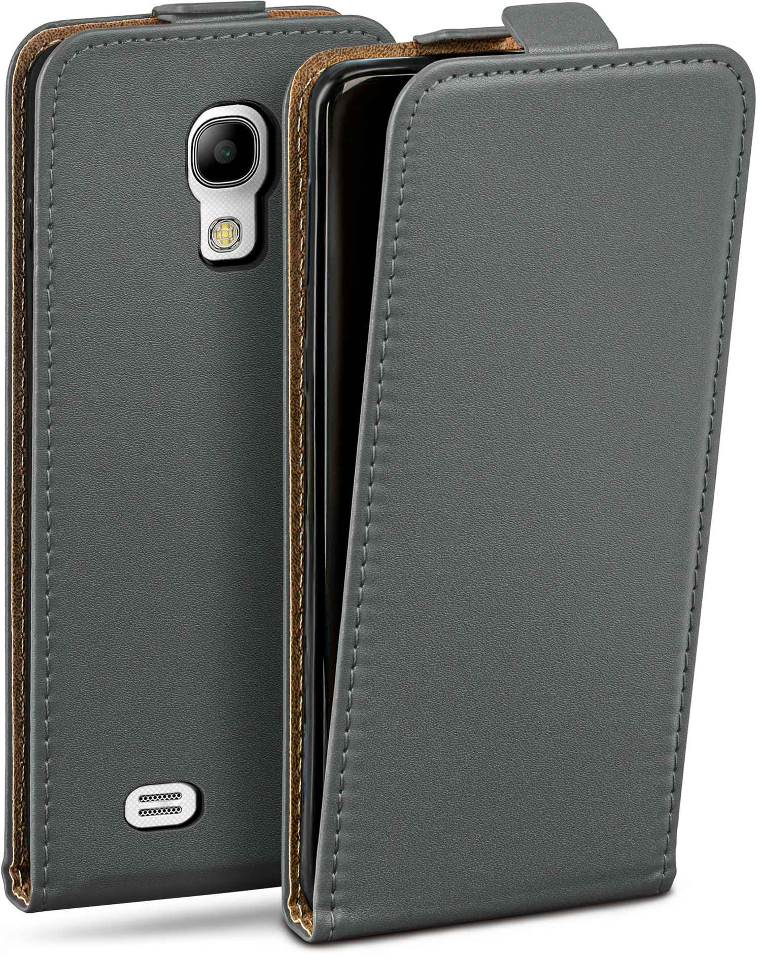 Eine graue Handyhülle mit einem Telefon darin. Die Hülle ist geöffnet und zeigt das Telefon.