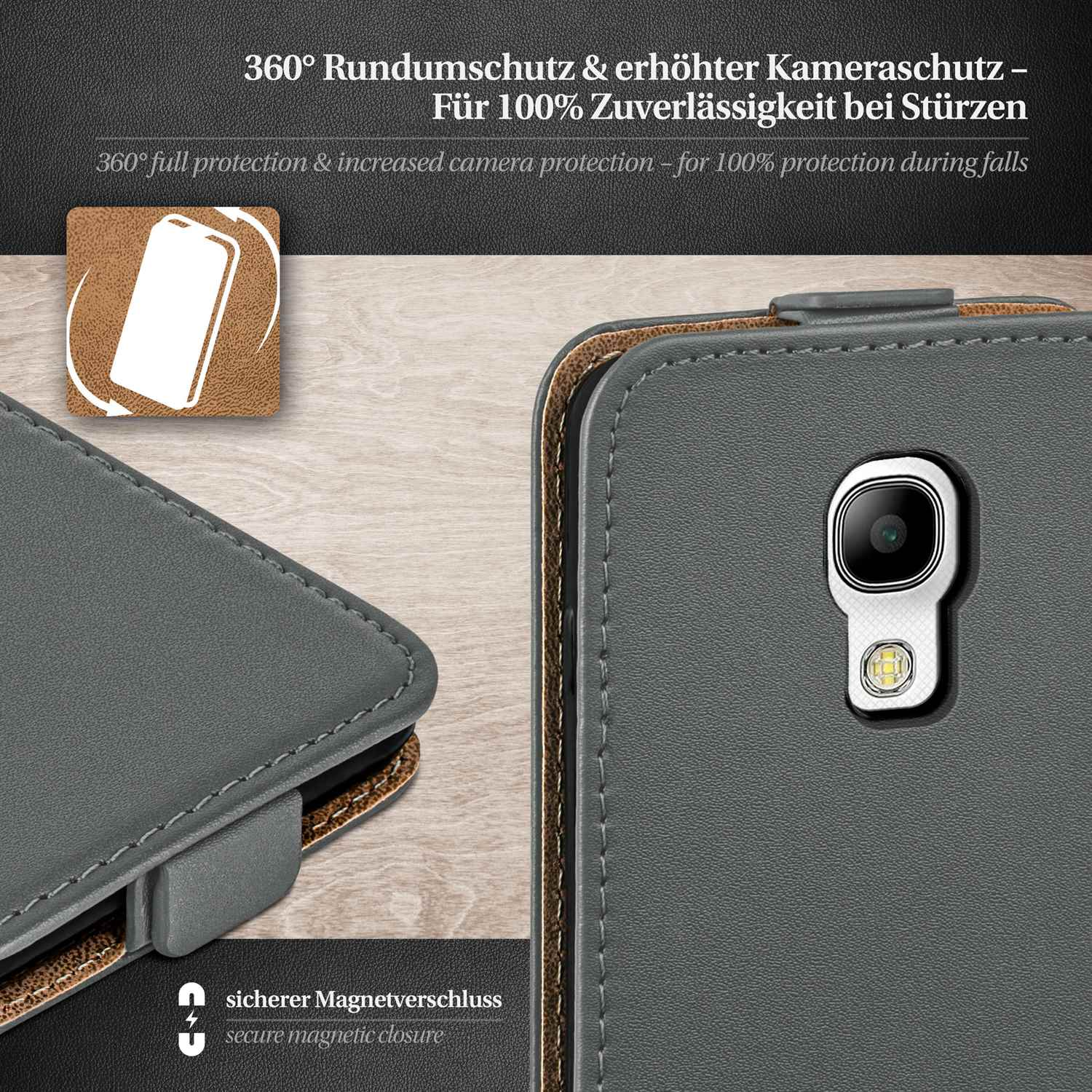 Ein Telefon in einer grauen Hülle. Nahaufnahme der Details der Hülle mit Magnetverschluss.