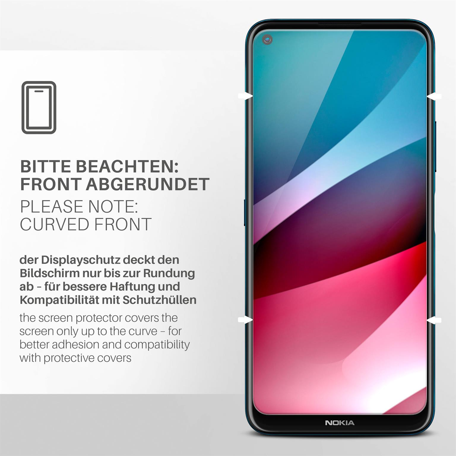 Ein Telefon mit Displayschutz. Text: 'Bitte beachten: Front abgerundet'.