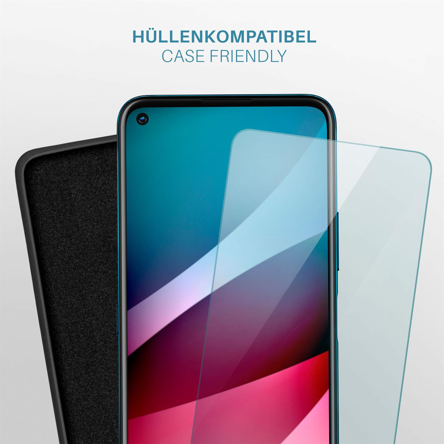 Telefon, schwarze Hülle und Displayschutzfolie auf weißem Hintergrund. Text sagt 'Case Friendly'.