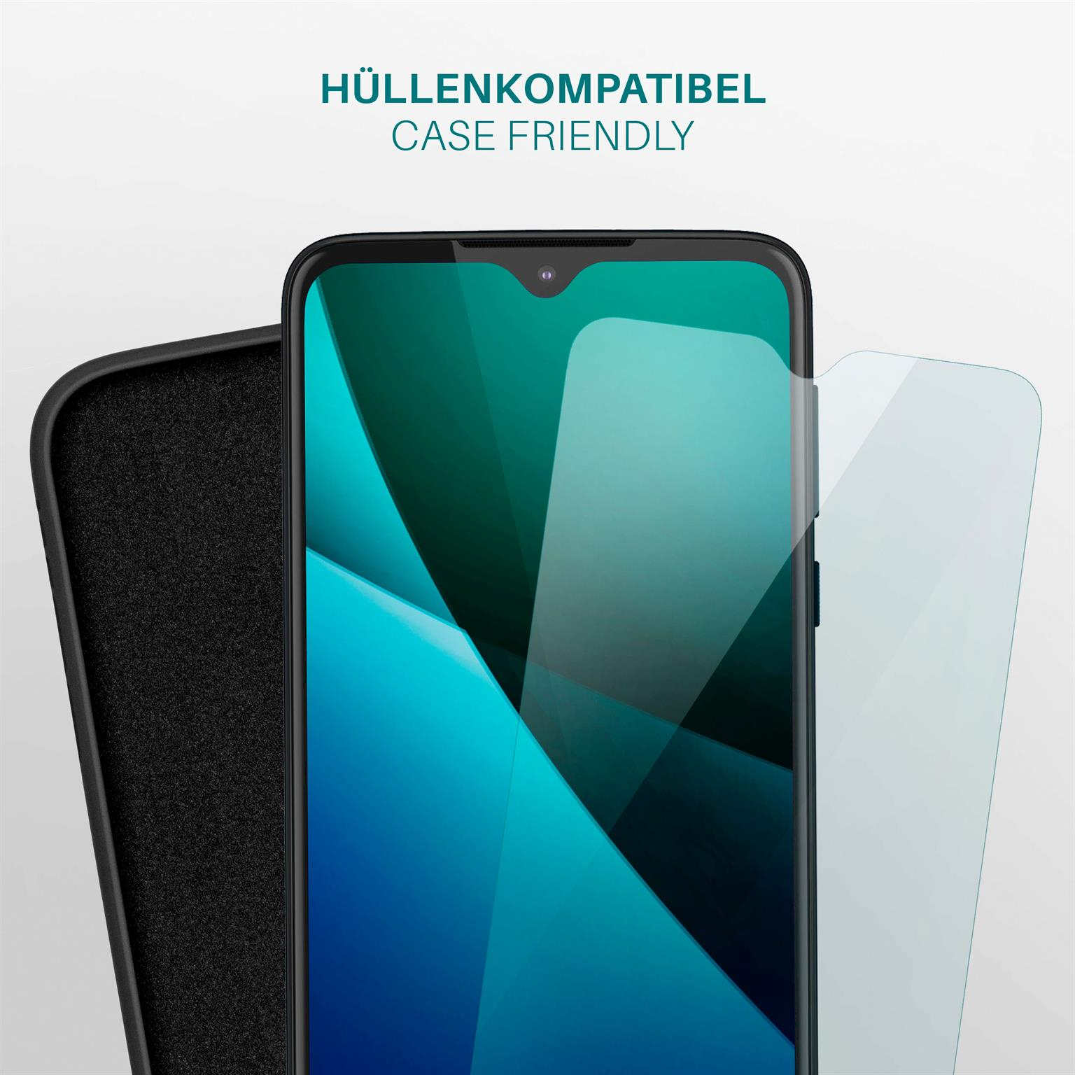Telefon mit Displayschutz und schwarzem Gehäuse. Text: Hüllenkompatibel. Blauer und schwarzer Bildschirm.