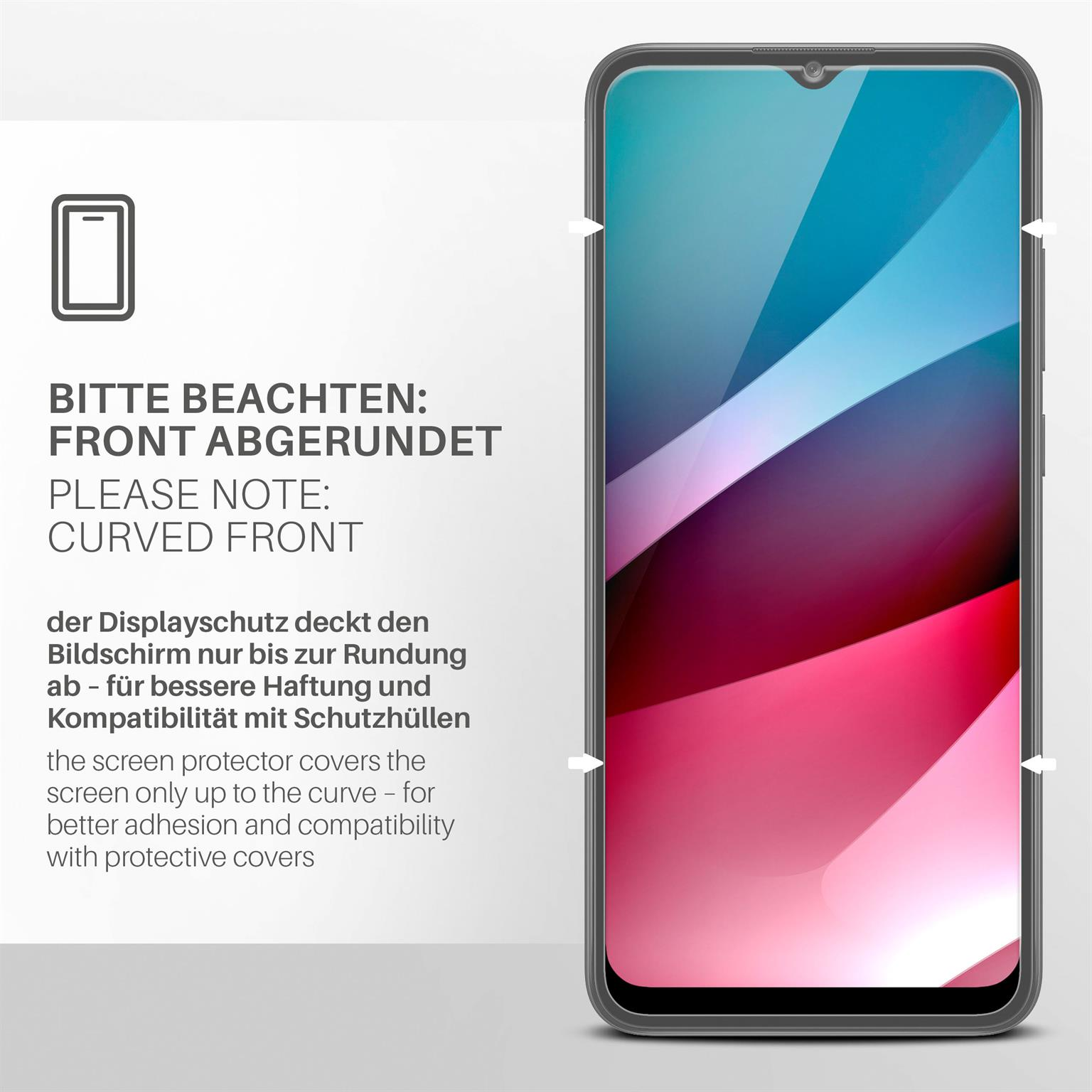 Ein Telefonbildschirm mit abgerundeter Front. Text sagt, die Front ist gebogen und der Displayschutz bedeckt nur die Kurve.