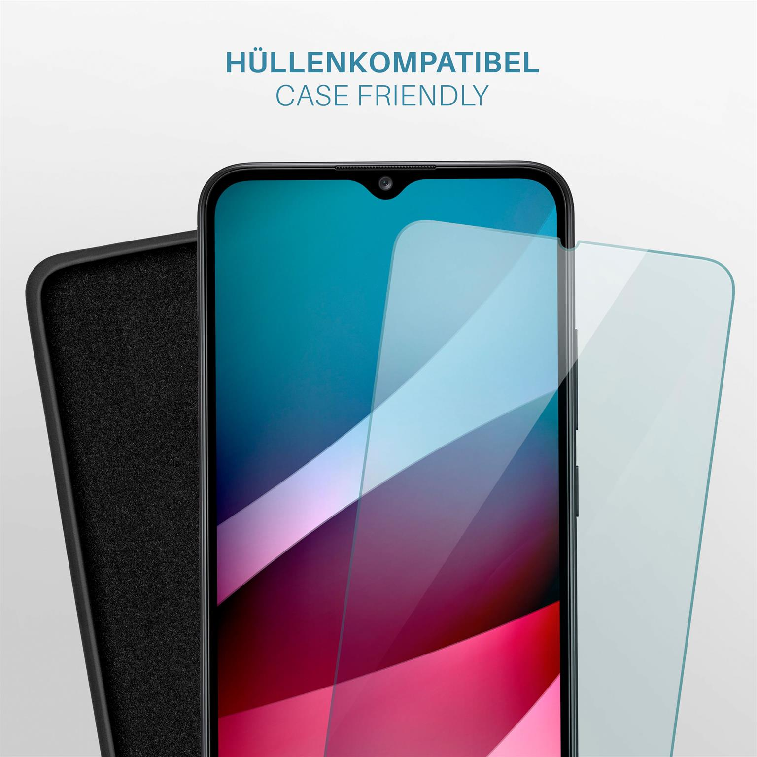 Telefon mit Displayschutz und Hülle. Text: Hüllenfreundlich, Telefon und Schutz.
