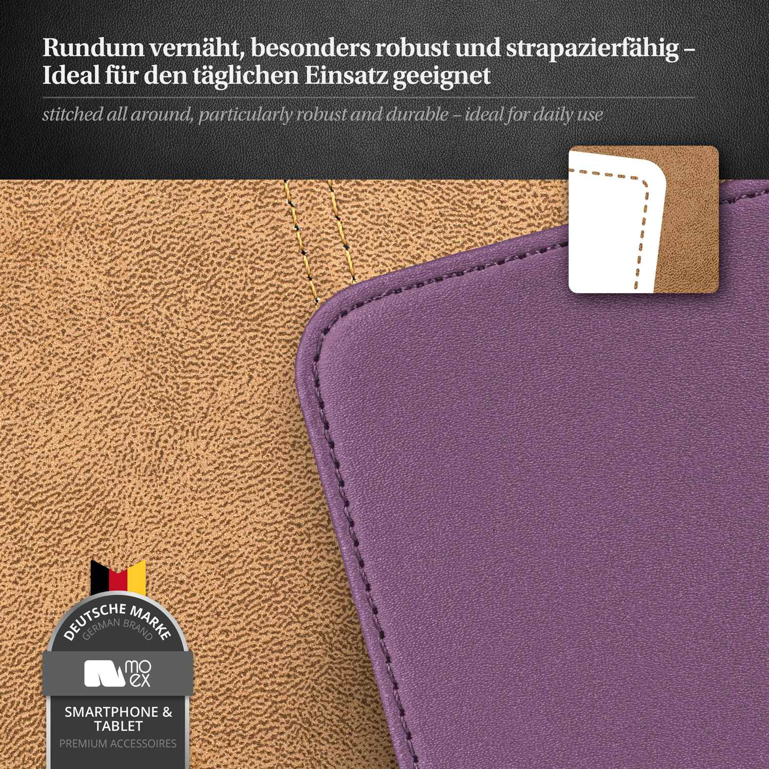 Nahaufnahme einer Handyhülle, an den Kanten genäht. Die Hülle ist braun und lila, mit einem deutschen Markenlogo.
