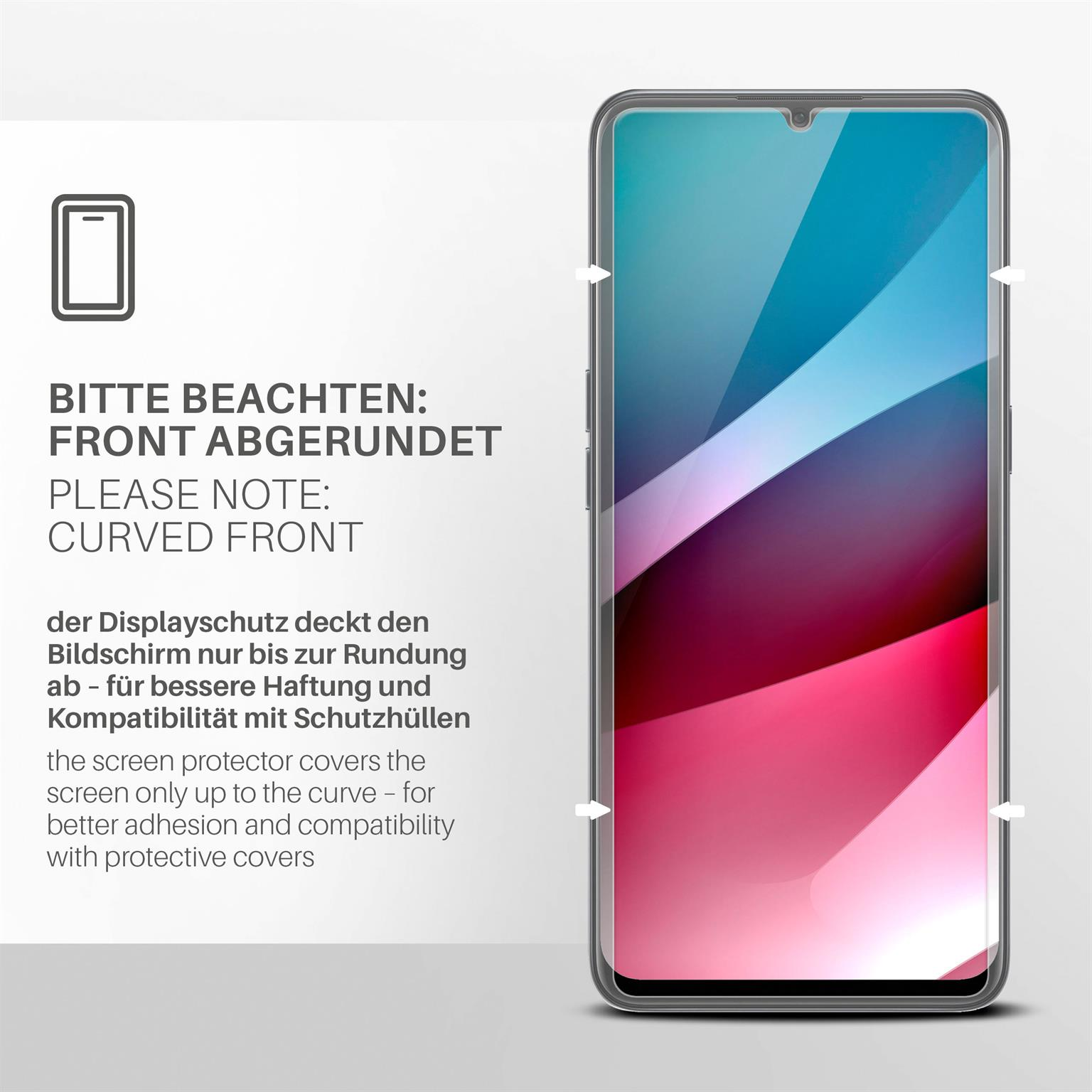 Ein Telefon in einer Hülle, mit einer gewölbten Front. Text auf Deutsch und Englisch.