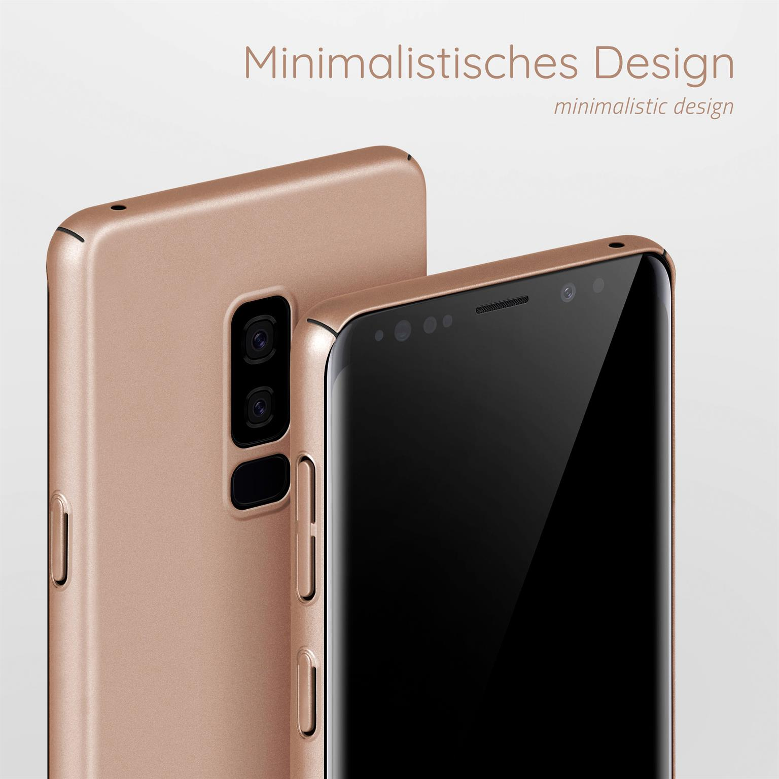 Zwei Telefone in roségoldenen Hüllen werden gezeigt. Text: Minimalistisches Design.