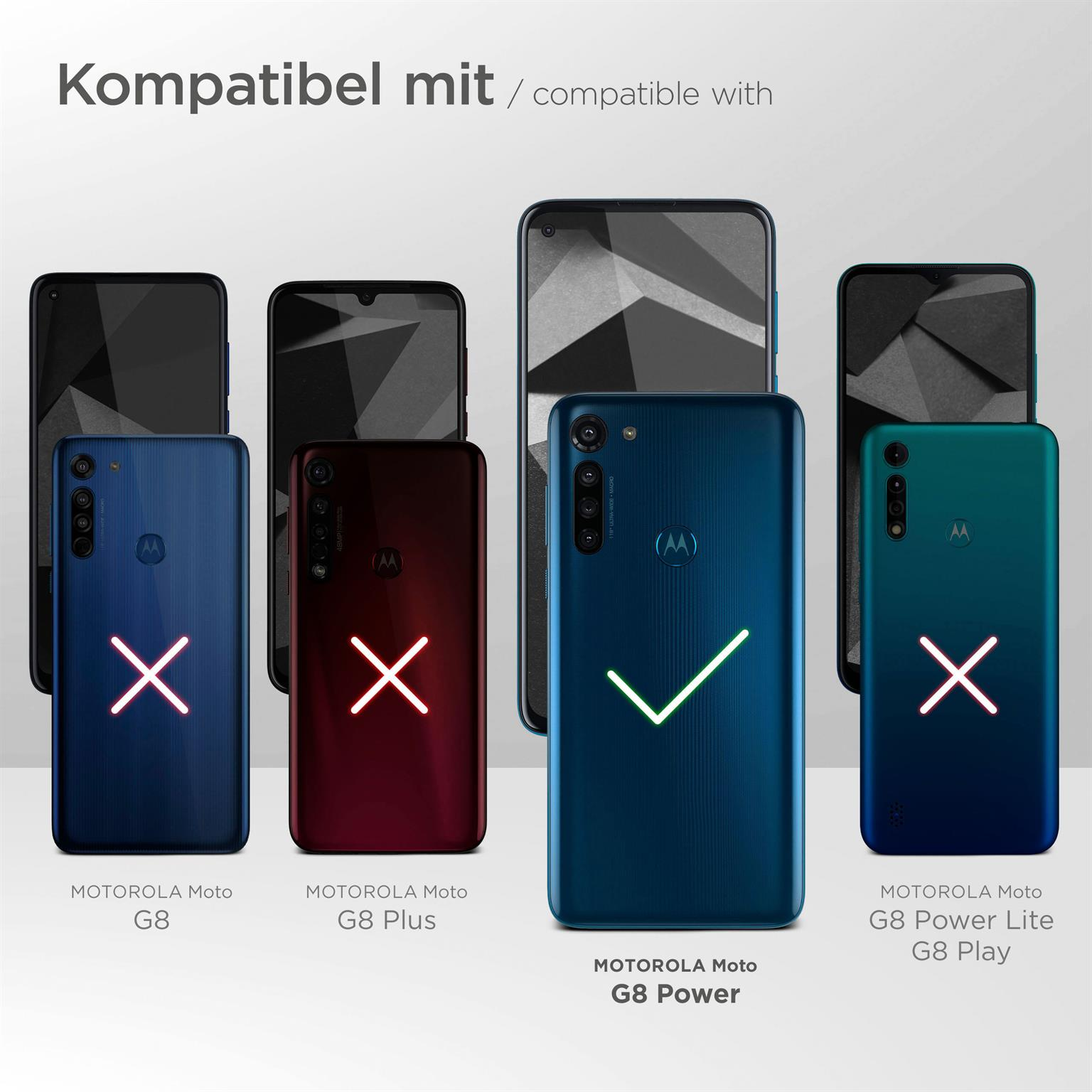Smartphones zeigen Kompatibilität. Motorola G8 Power ist kompatibel, andere nicht.