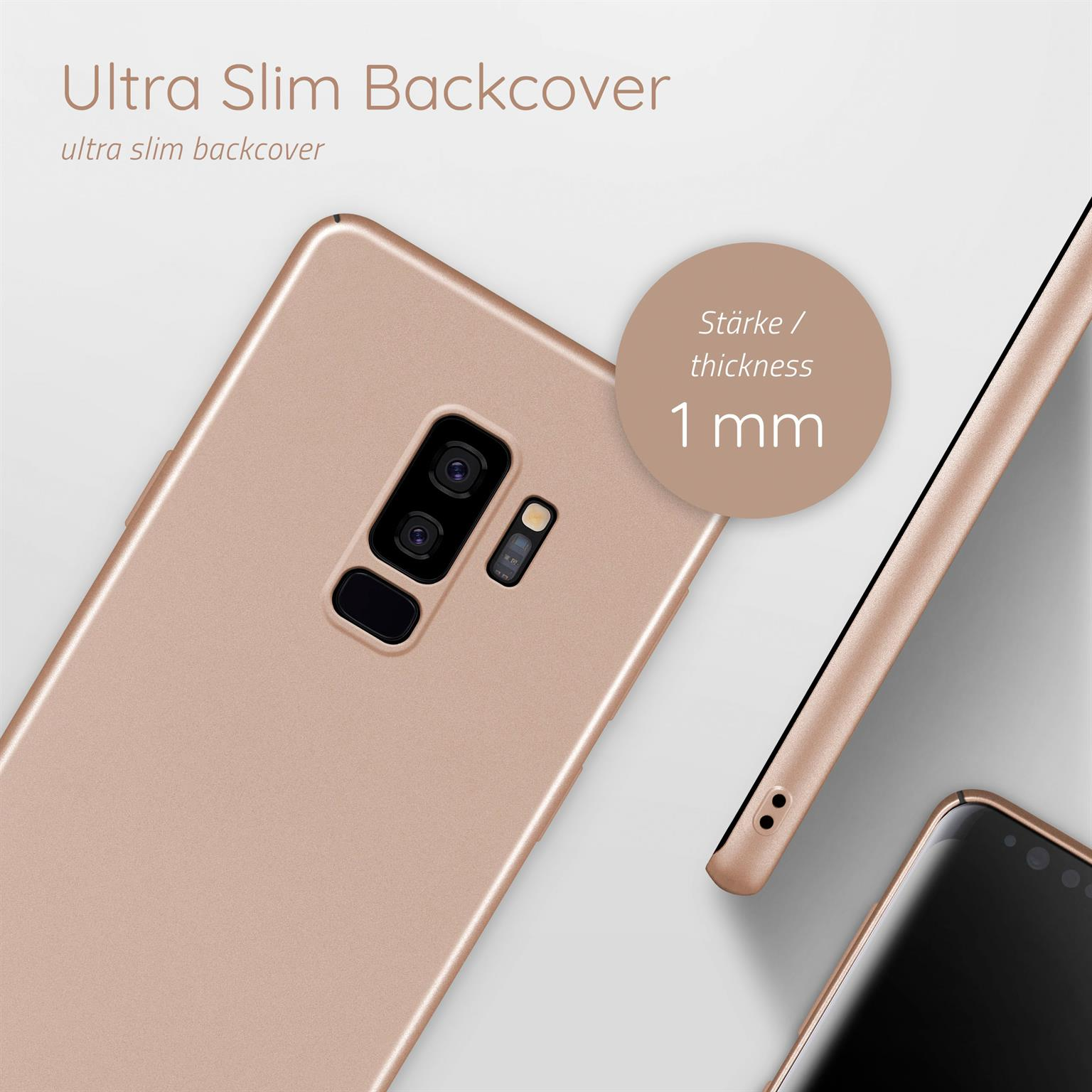 Eine roségoldfarbene Telefon-Rückabdeckung. Die Dicke beträgt 1 mm.
