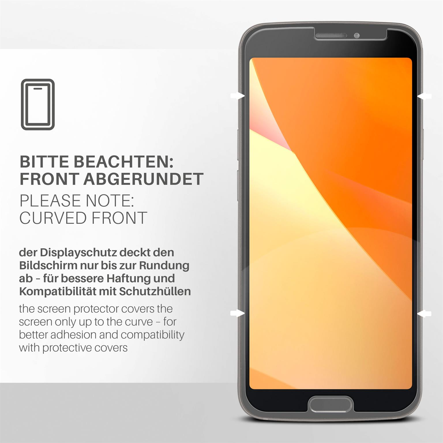 Telefon mit gewölbter Vorderseite. Text sagt 'Bitte beachten: Abgerundet'. Displayschutz bedeckt die Krümmung.