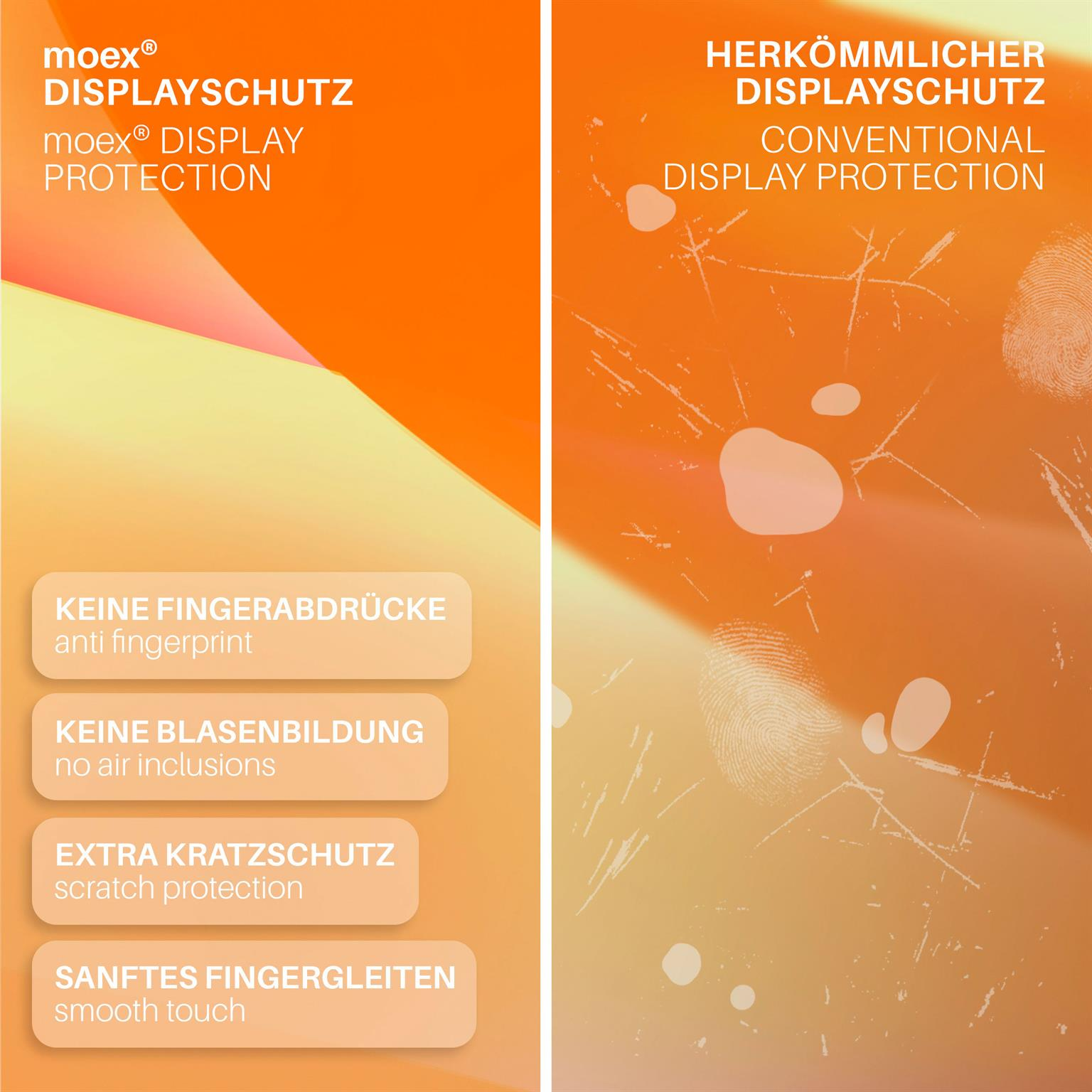 Zwei vertikale Abschnitte mit Text. Links: moex Displayschutz. Rechts: konventioneller Displayschutz.