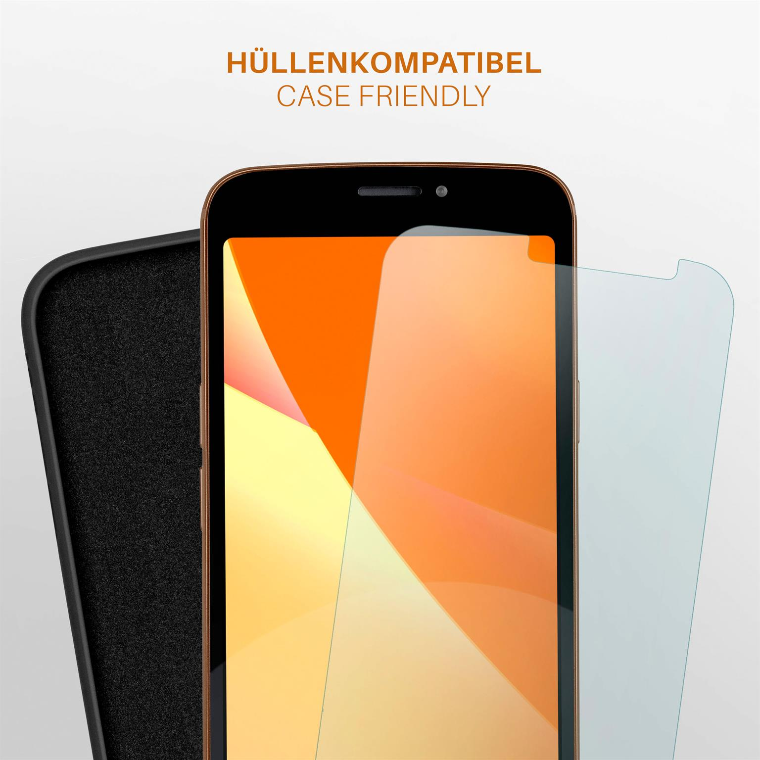 Telefon mit Displayschutzfolie, hüllenfreundlich. Oranger Bildschirm, schwarzes Telefon, schwarze Hülle.