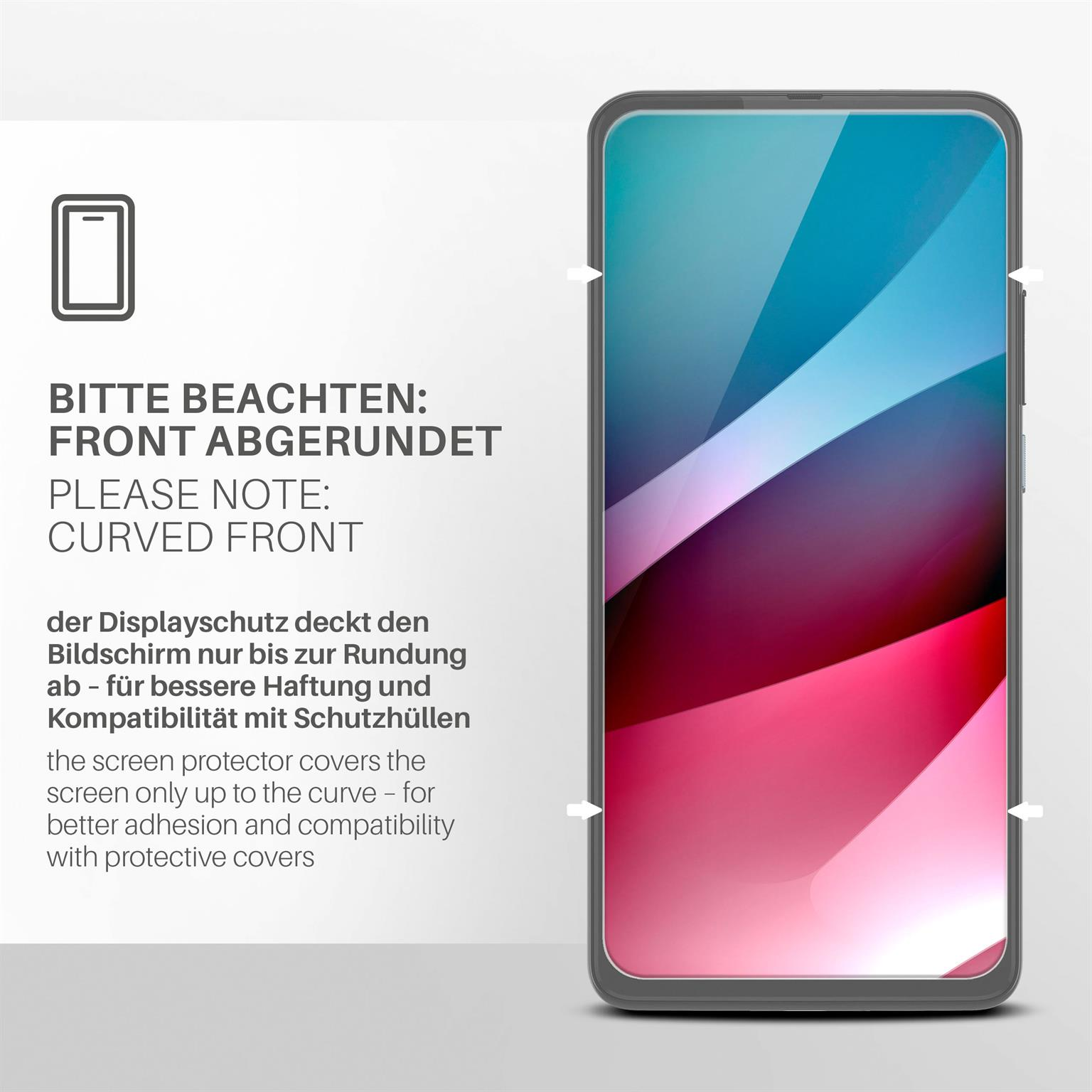Ein Telefonbildschirm mit rot-rosa Hintergrund, Text oben und unten, und weißen Pfeilen an den Rändern.