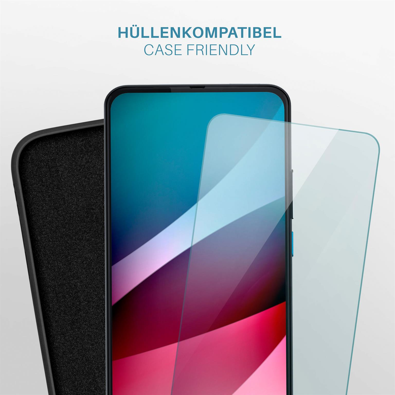 Smartphone mit gebogenem Frontbildschirm, Displayschutzfolie und Motorola-Schriftzug.