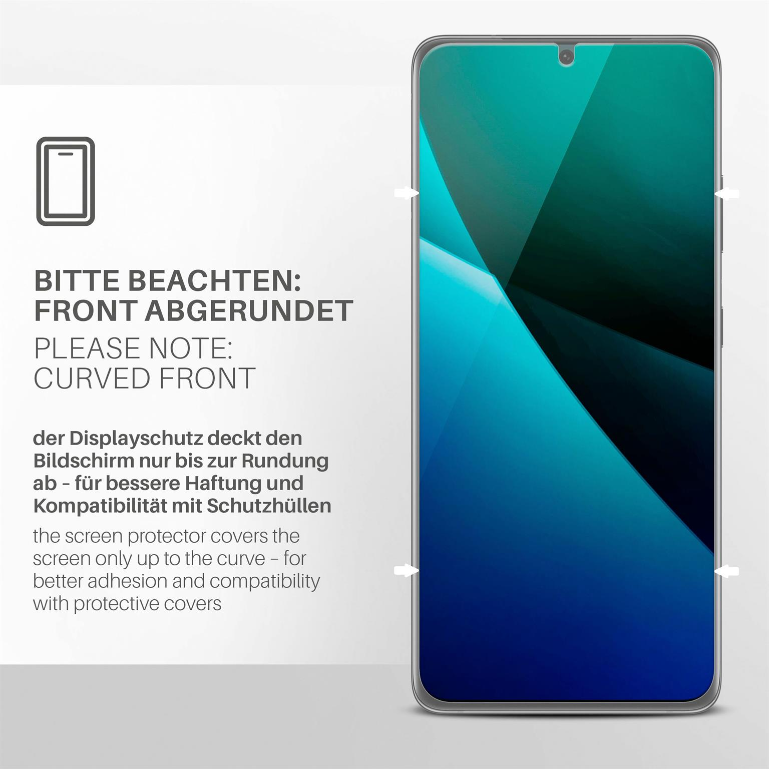 Ein Telefon mit abgerundeter Front. Anweisungen weisen darauf hin, dass es nur bis zur Rundung für besseren Halt abdeckt.