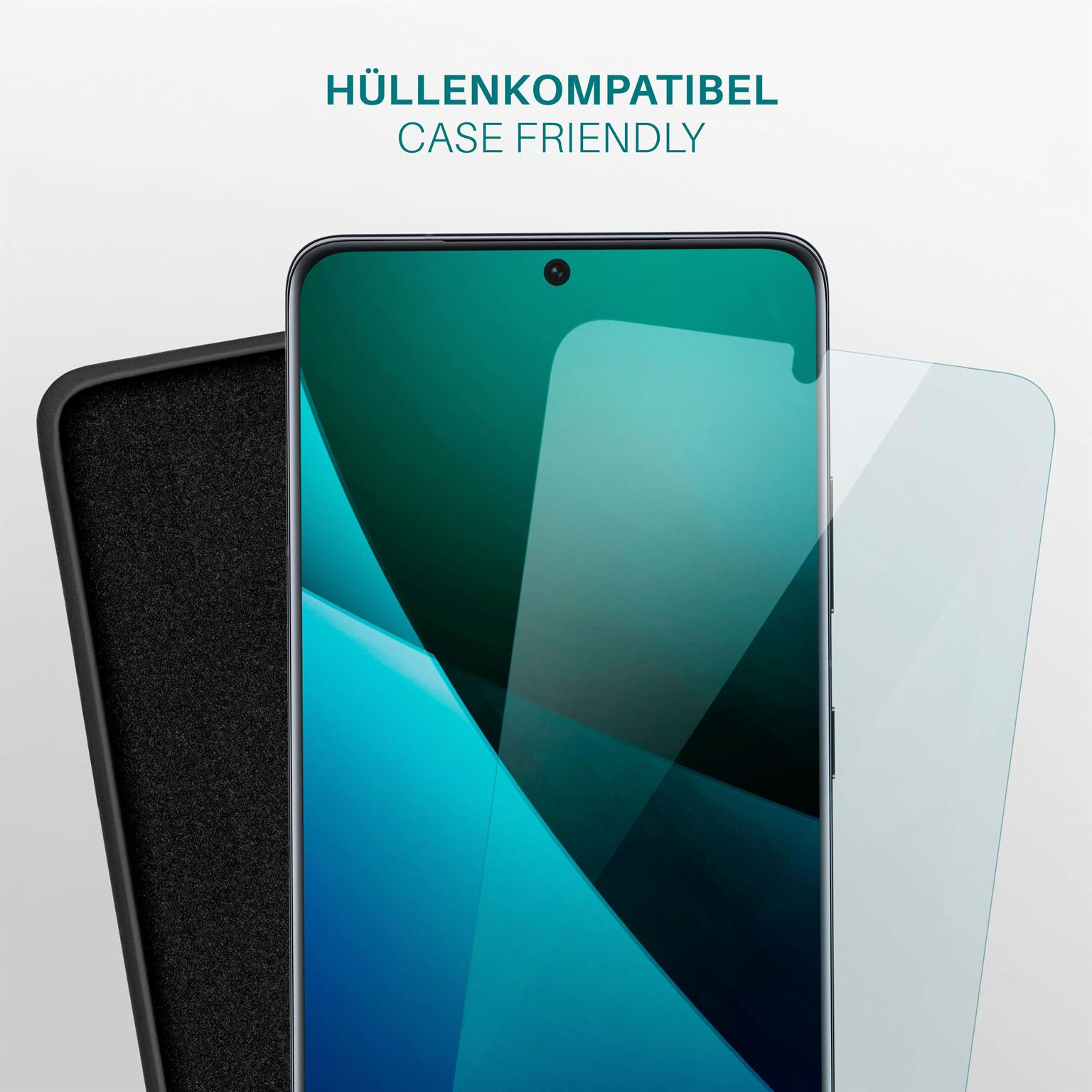 Smartphone mit Displayschutzfolie und Handyhülle. Die Hülle ist schwarz.