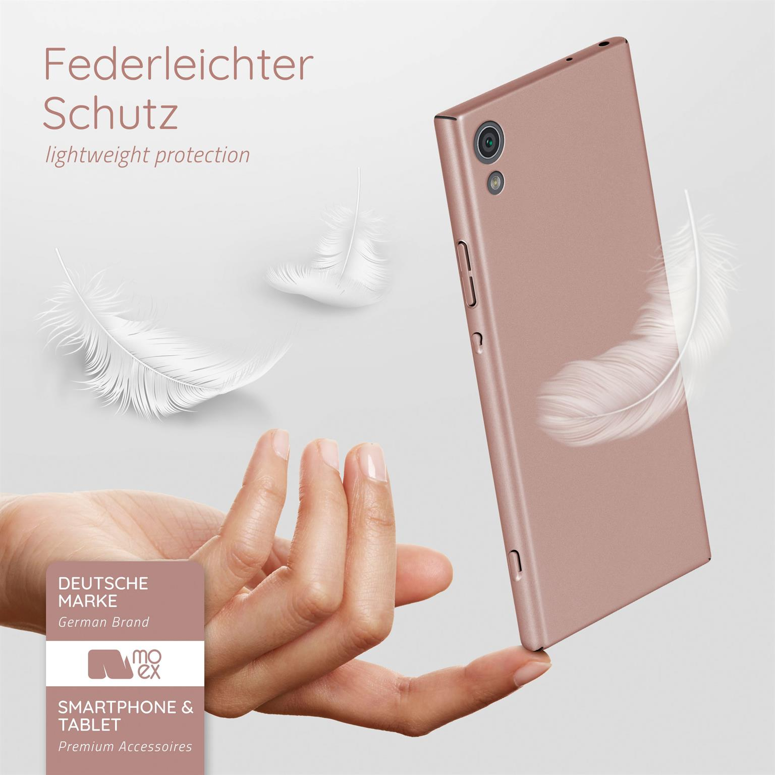 Eine roségoldene Handyhülle wird von einer Hand gehalten, mit Federn drumherum. Text: Leichter Schutz.