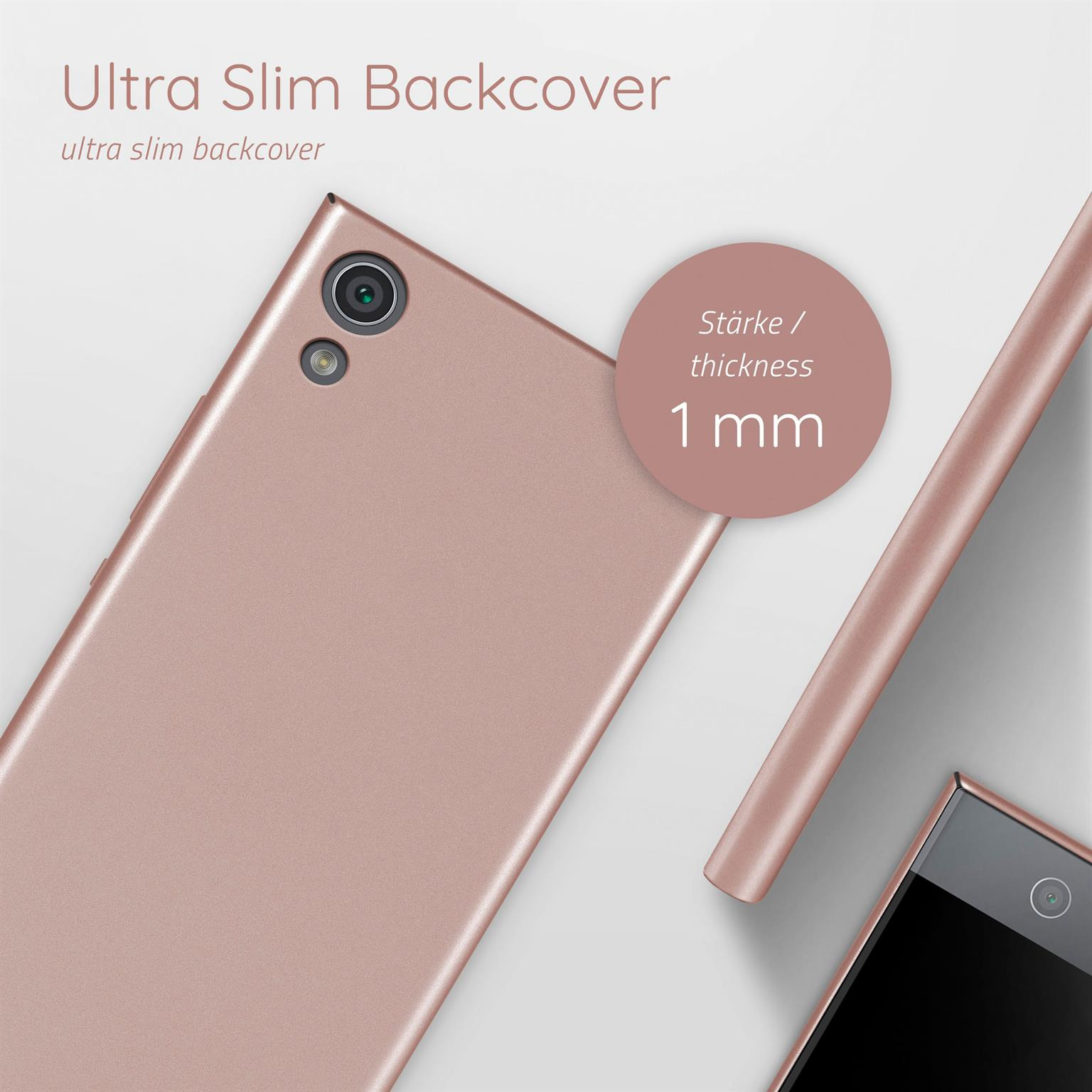 Roségoldene Handy-Rückseite, Kamera, 1mm Dicke. Text: Ultra schlanke Rückseite.