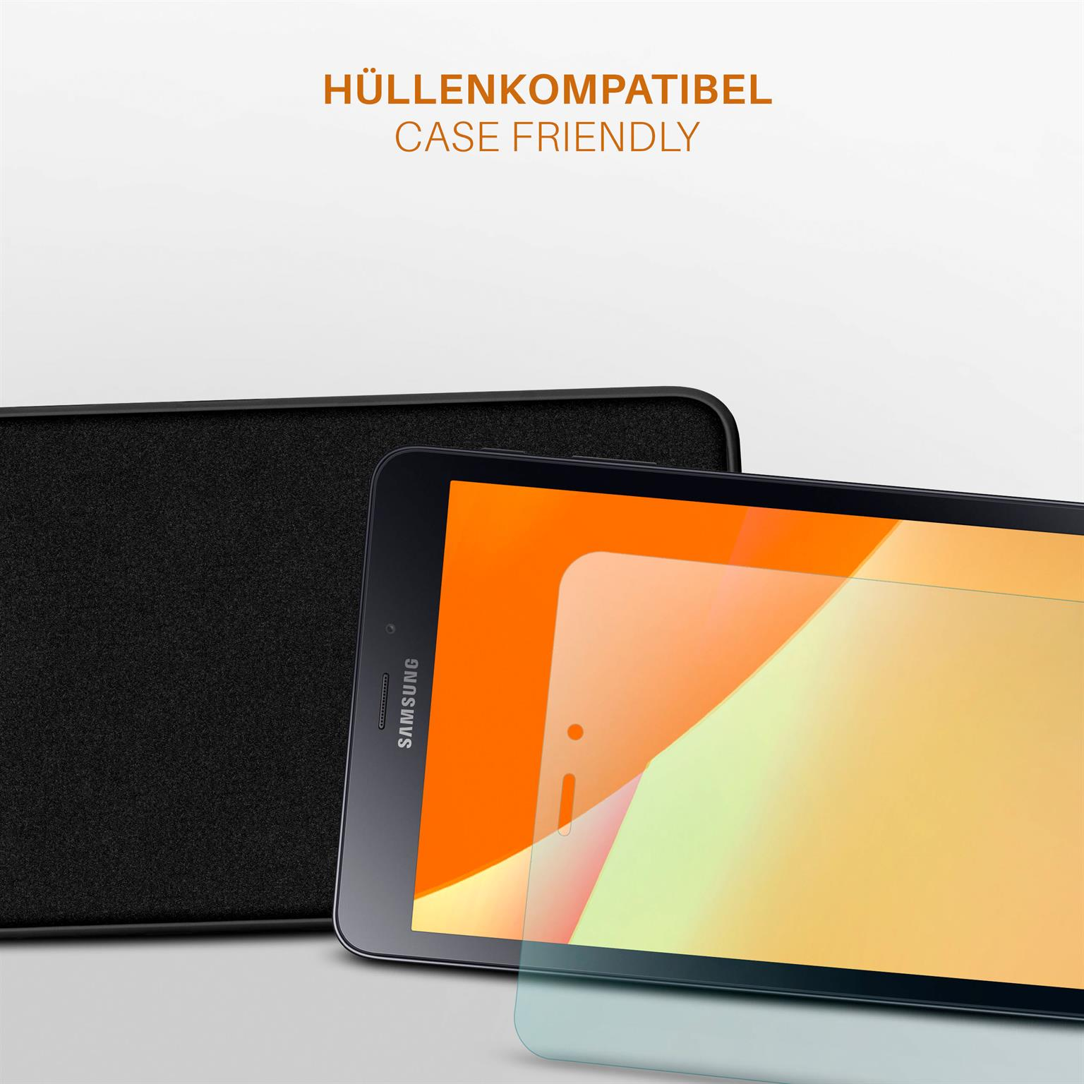 Tablet und Displayschutzfolie. Text über hüllenfreundliches Design.