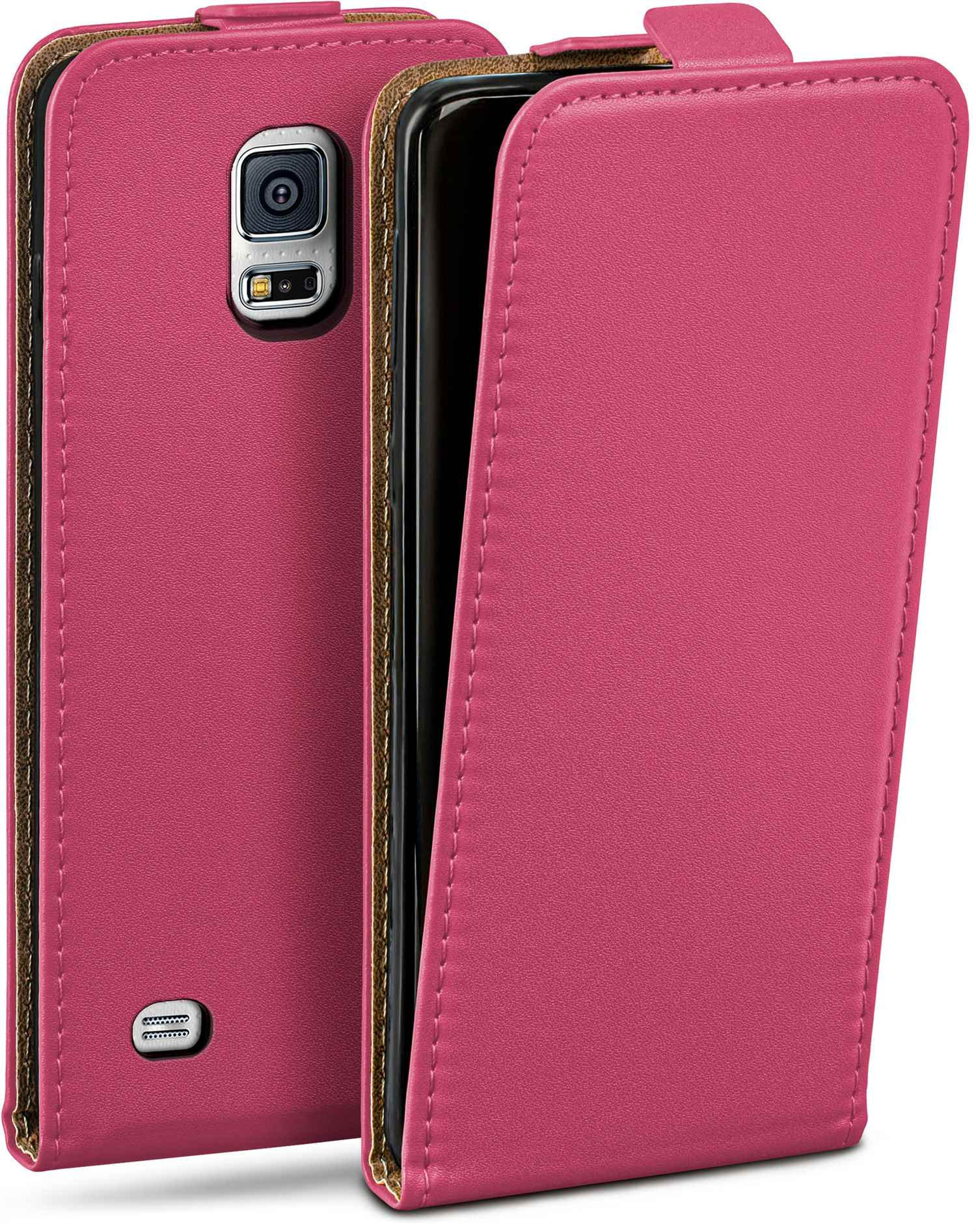 Ein Telefon in einer rosa Klapphülle. Die Hülle ist offen und zeigt den Bildschirm des Telefons.