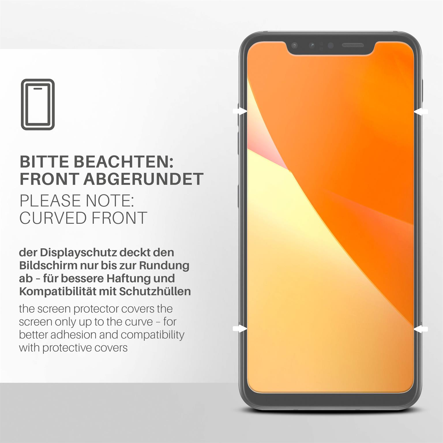 Smartphone mit gewölbter Vorderseite, mit angebrachtem Displayschutz und weißer Umrandung.