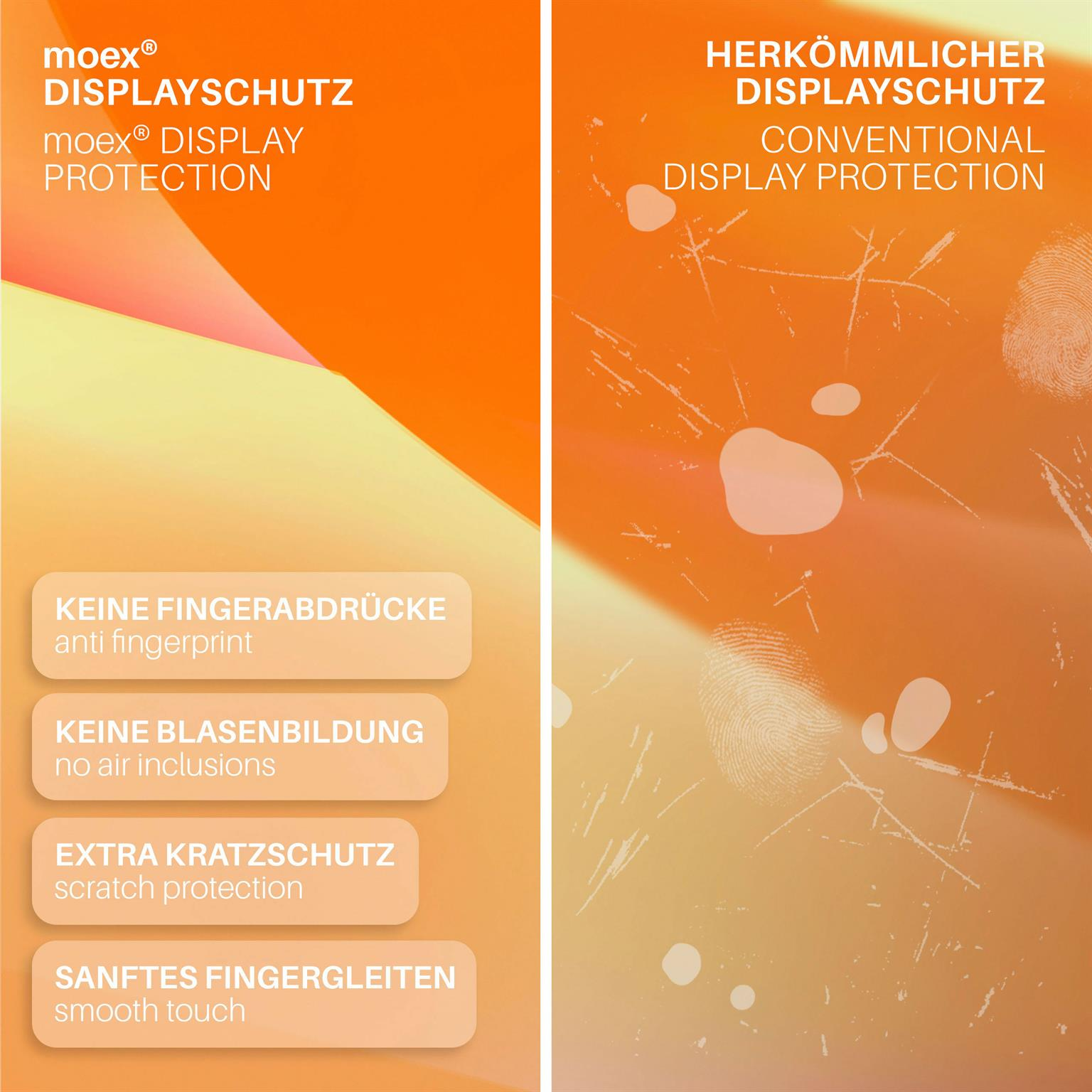 moex Displayschutz vs. Konventioneller Displayschutz. Linke Seite klar, rechte Seite Kratzer.