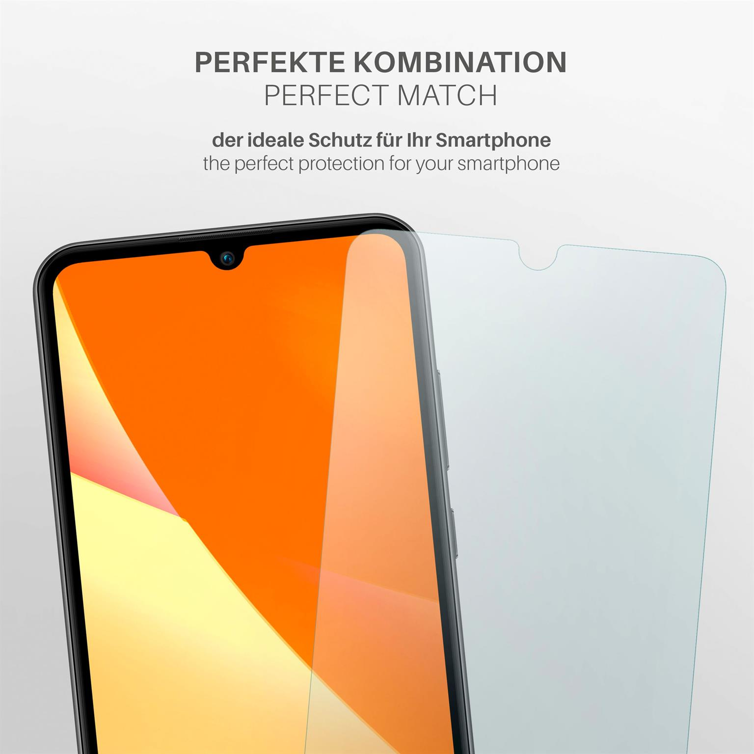 Ein Telefon zeigt, wie ein Displayschutz auf dem Bildschirm angebracht wird. Der Bildschirm ist orange.