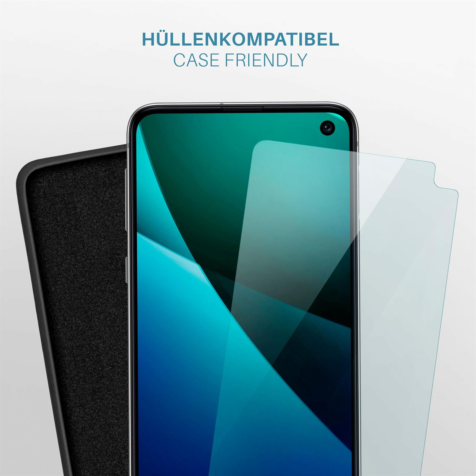 Telefon mit Displayschutz und Hülle. Weißer Hintergrund. Schutzfolie, schwarze Hülle und Telefon mit blauem Bildschirm.