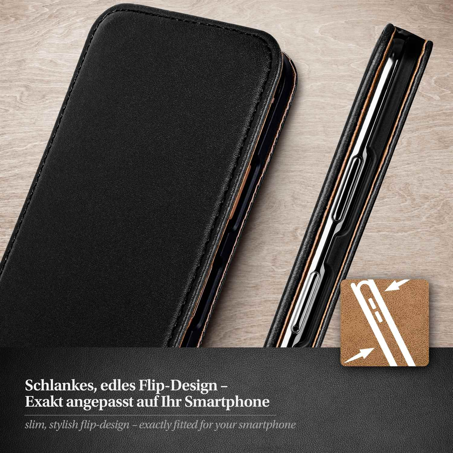 Handyhülle in schwarzer Farbe. Sie ist geöffnet und zeigt das Telefon im Inneren. Text unten