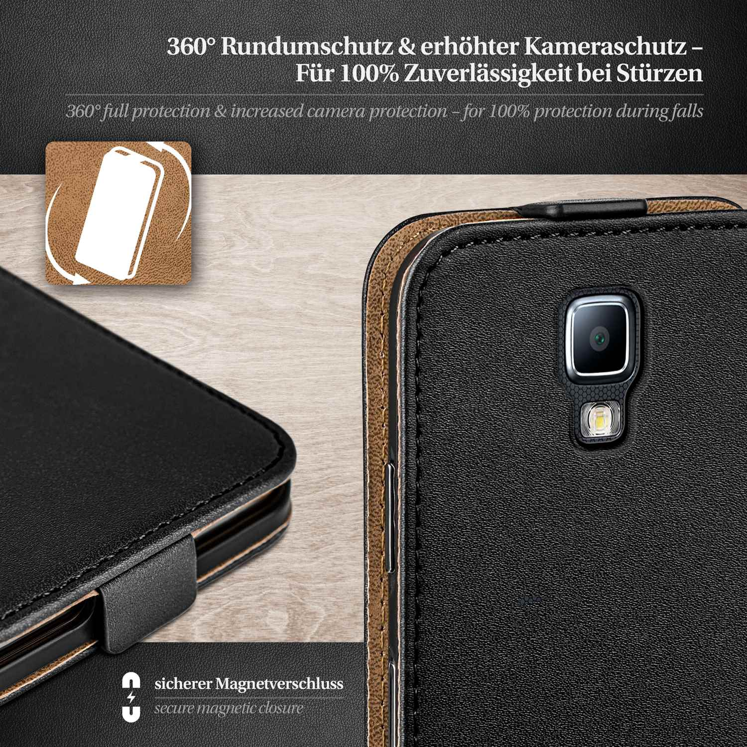 Schwarze Handyhülle mit Telefonillustration. Text über Schutz.