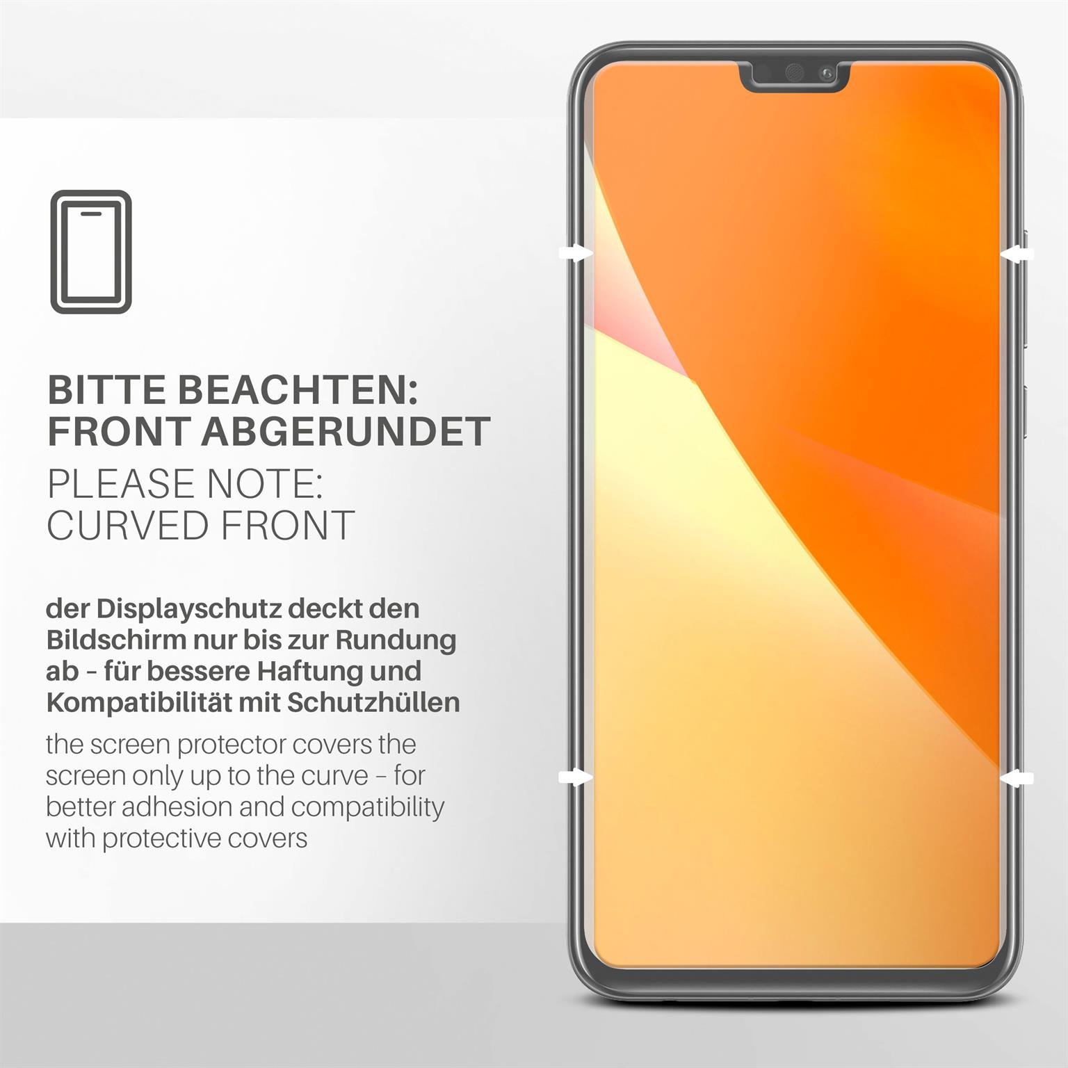Displayschutz auf Telefon. Text: Abgerundete Front. Oranger Farbverlauf auf dem Bildschirm.