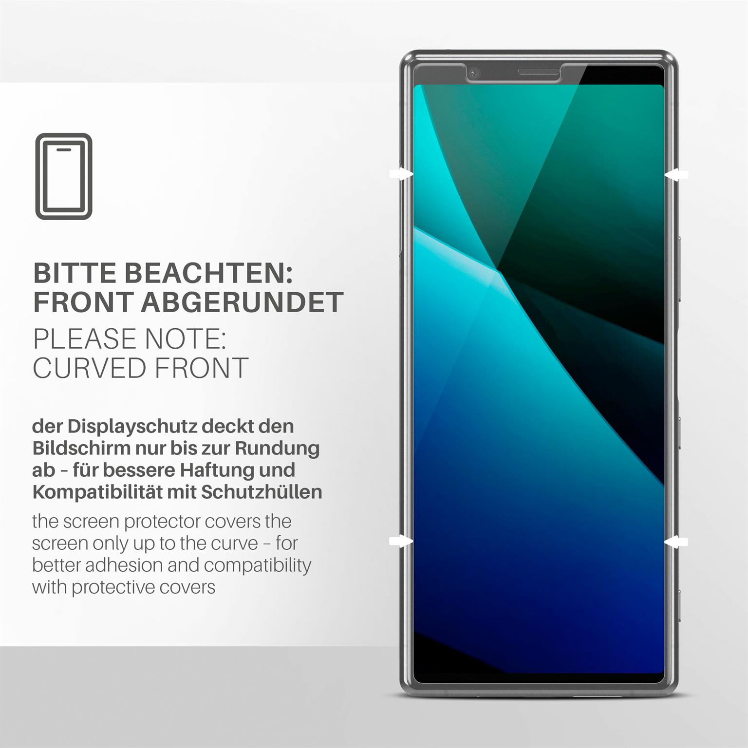 Smartphone mit gewölbter Front und Displayschutz. Text gibt an, dass der Schutz nur bis zur Kurve reicht.