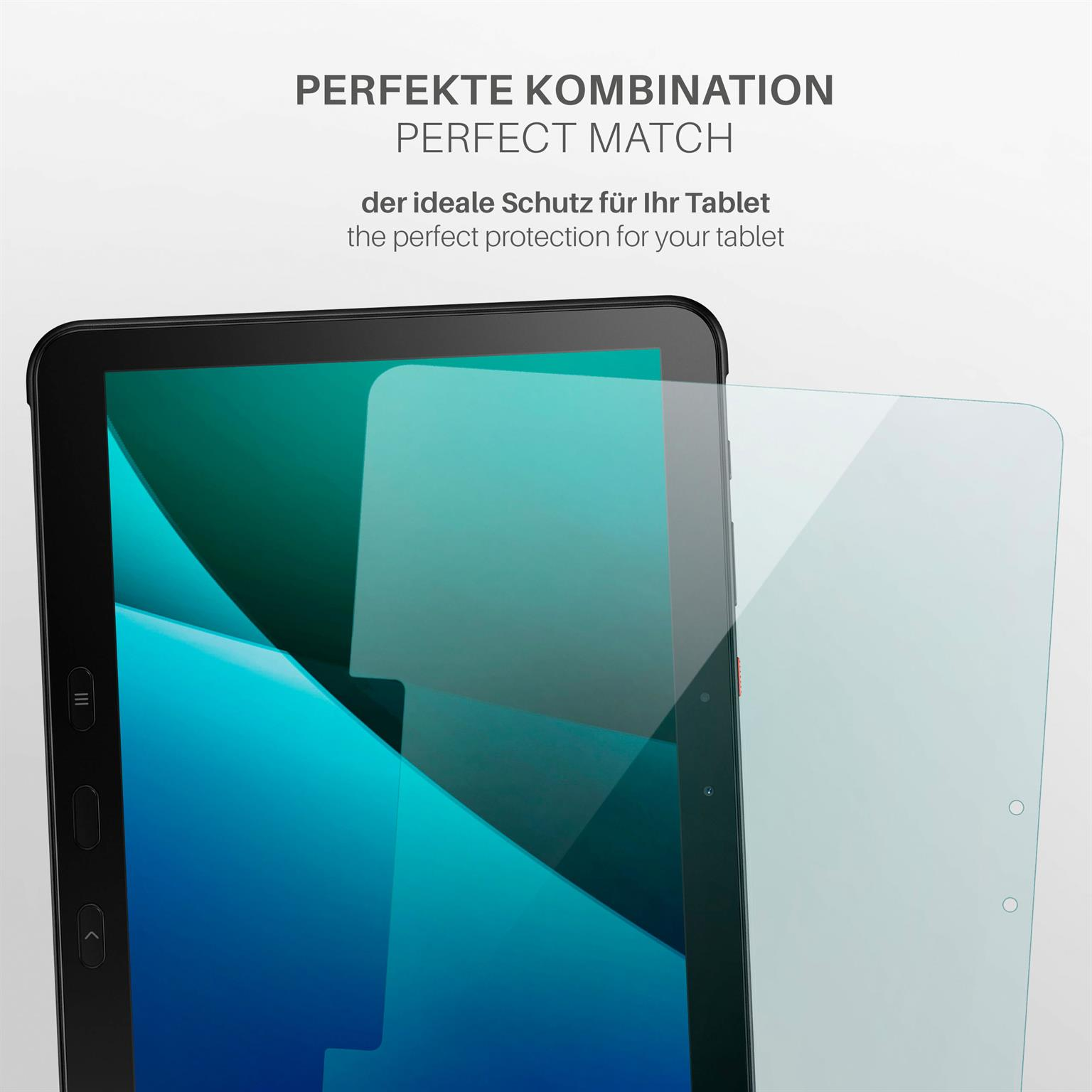 Ein Tablet mit einer angebrachten Displayschutzfolie. Der Bildschirm ist blau.
