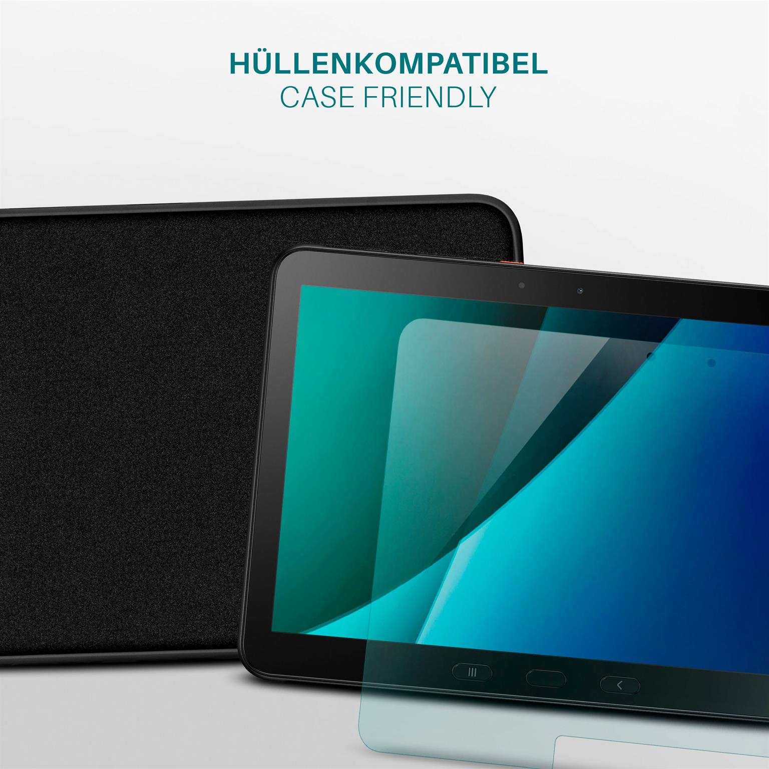 Tablet, Displayschutz, Hülle. Text: Hüllenkompatibel.