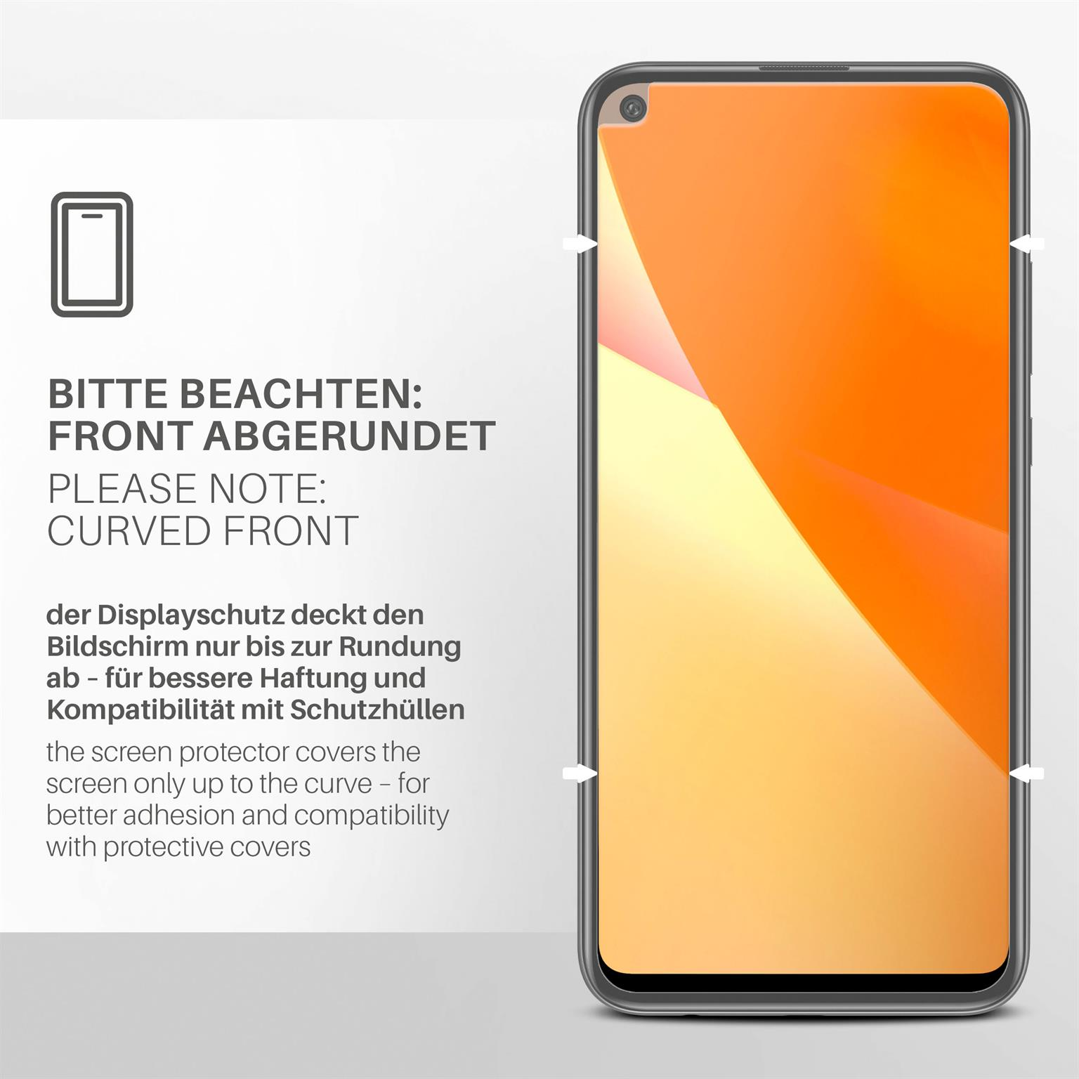 Ein Telefon mit gebogenem Frontbildschirm. Text gibt an, dass die Displayschutzfolie den Bildschirm bedeckt.