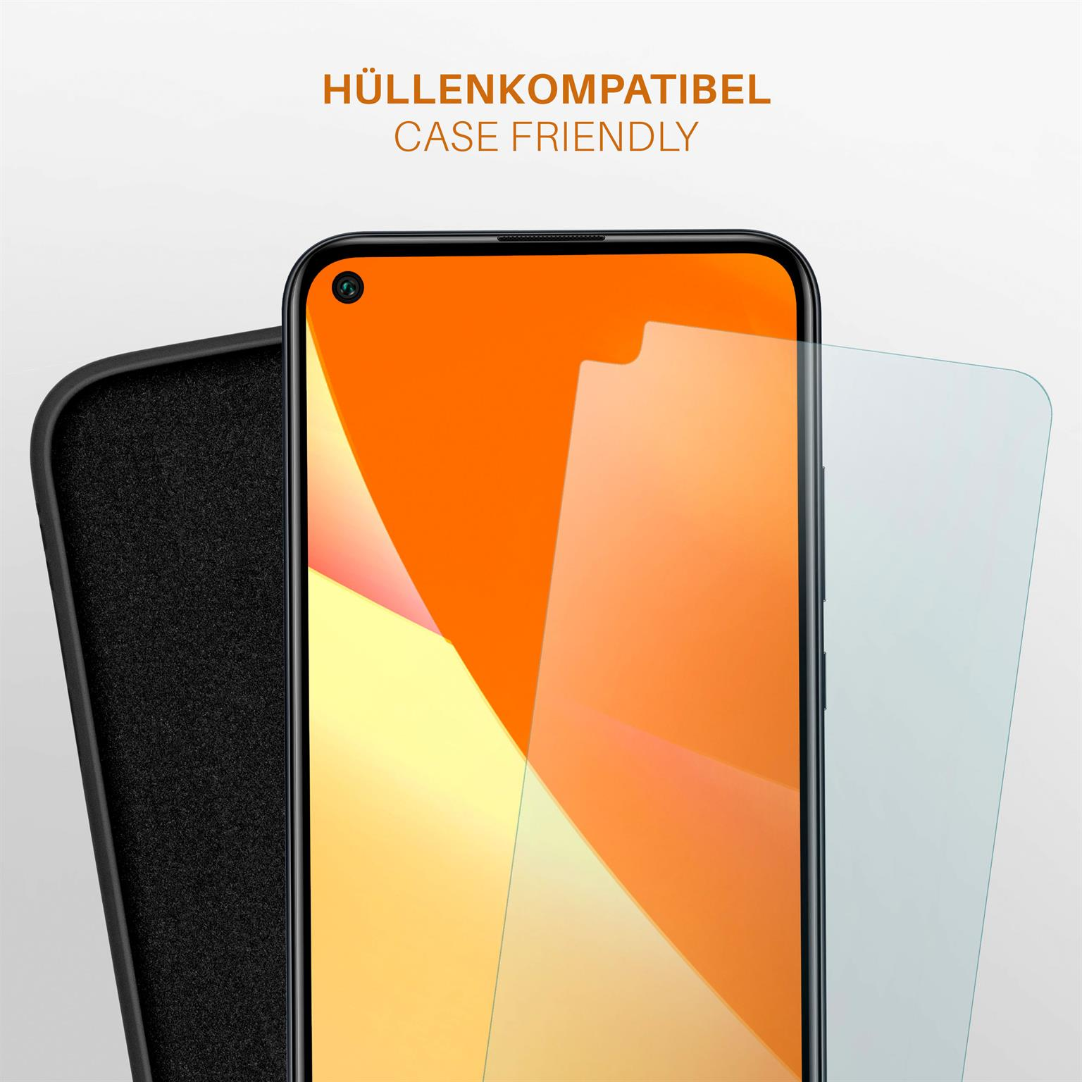 Ein Tablet und ein Displayschutz auf weißem Hintergrund. Das Tablet ist schwarz und der Bildschirm orange.