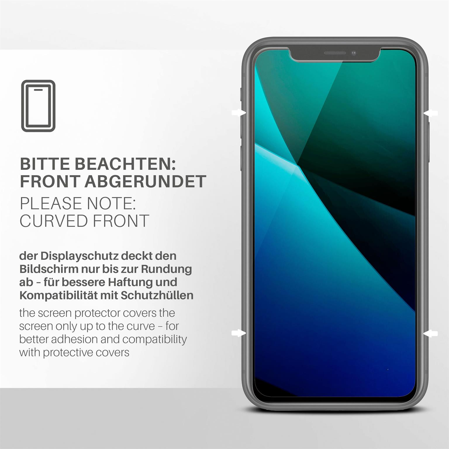 Ein Telefonbildschirm mit grauem Rahmen. Der Bildschirm ist gewölbt und zeigt ein blau-grünes abstraktes Design.