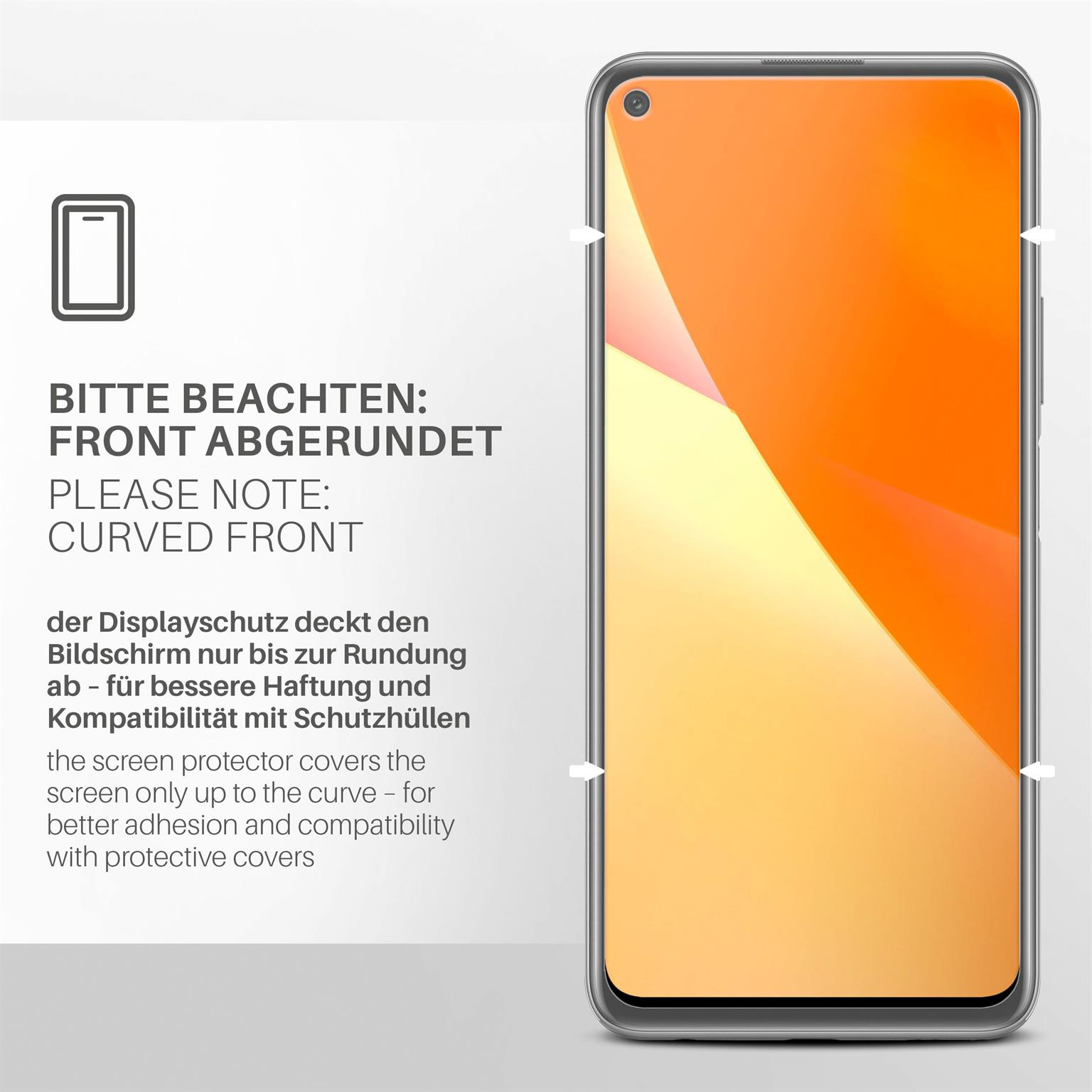 Ein Telefonbildschirm mit gewölbter Vorderseite. Der Displayschutz bedeckt nicht den gesamten Bildschirm.