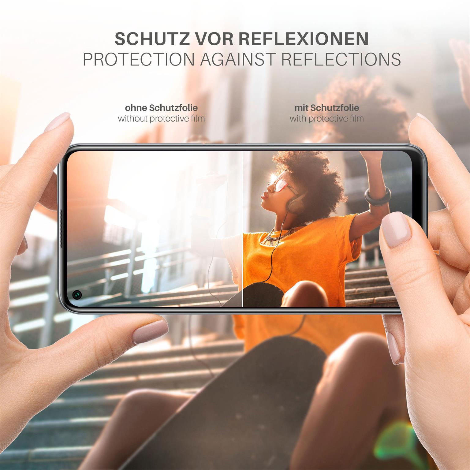 Telefon zeigt Reflexionsschutz. Zeigt eine Person im Sonnenlicht, vergleicht mit und ohne Schutz.
