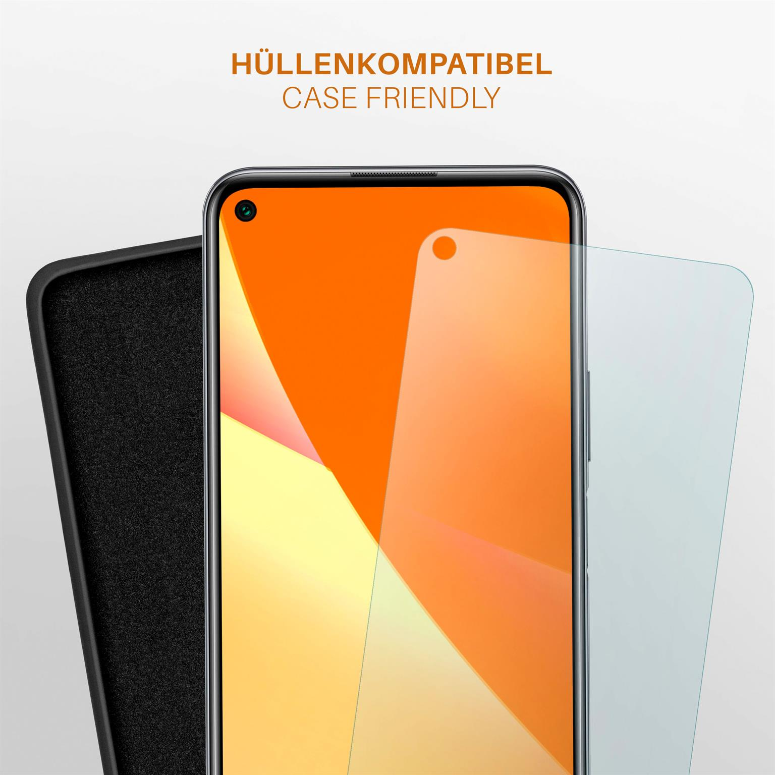 Ein Telefon mit orangefarbenem Bildschirm wird mit einer Hülle und einem Displayschutz gezeigt. Text: Gehäusefreundlich.
