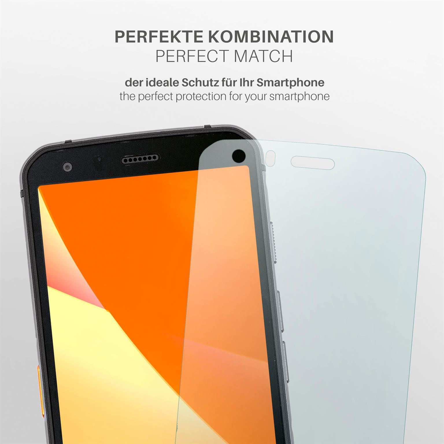 Ein Telefon und eine Displayschutzfolie. Das Telefon hat einen orangen Bildschirm.