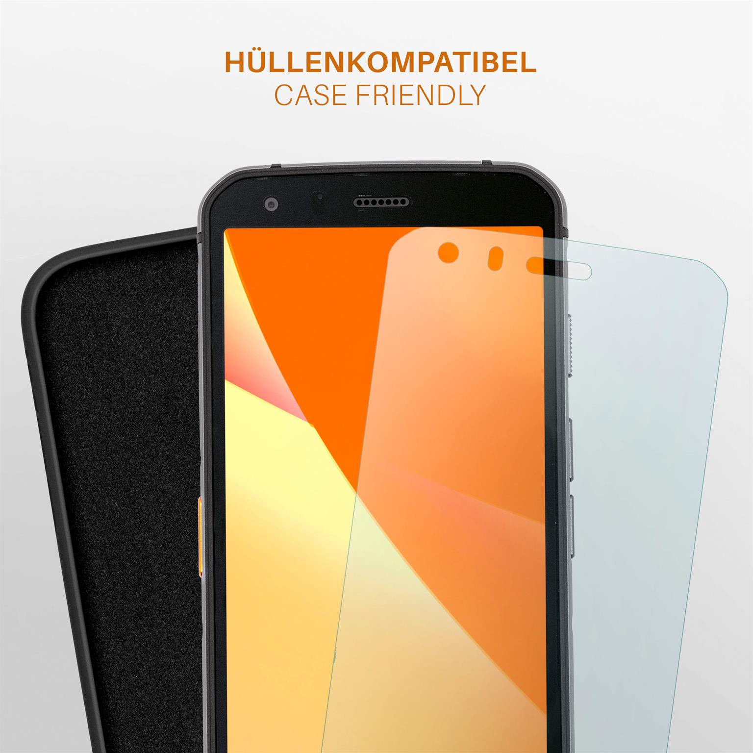 Telefonbildschirm mit Hülle, Displayschutzfolie und schwarzem Gehäuse.