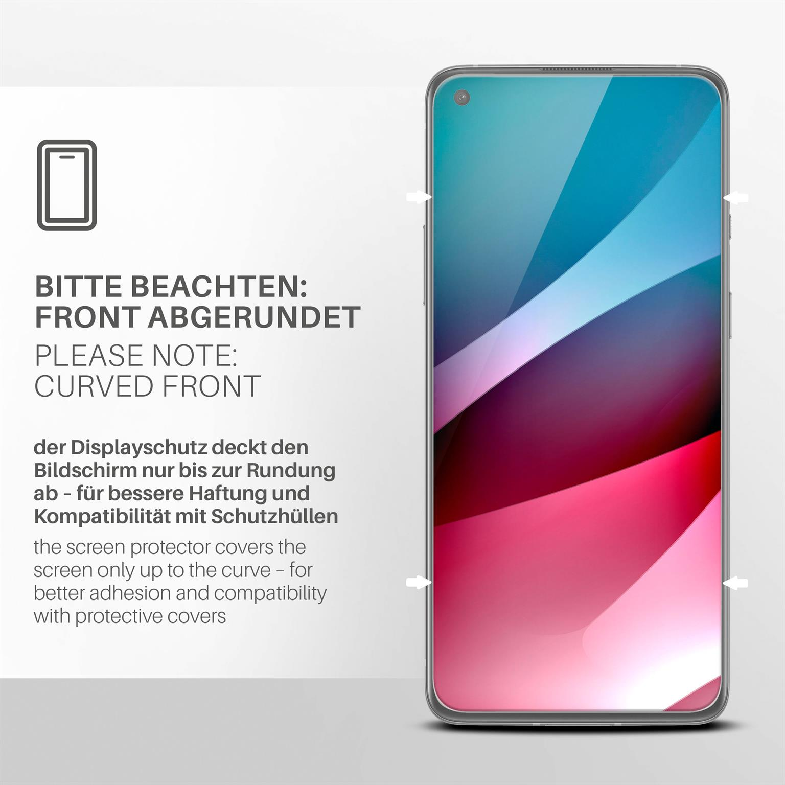 Smartphone mit abgerundeter Front. Text: Bitte beachten: Abgerundete Front, Displayschutz bedeckt nur bis zur Rundung.
