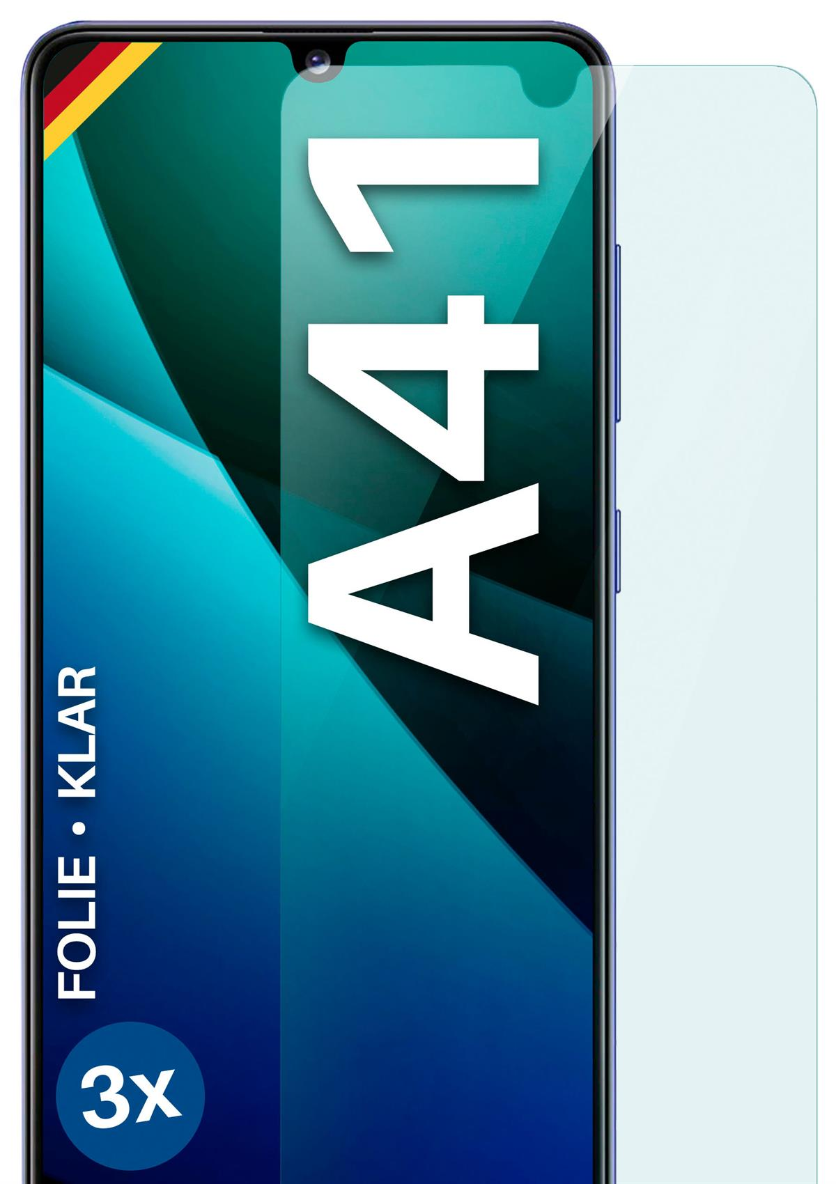 Displayschutzfolie für ein A41-Telefon, klar, mit dem Wort A41 auf dem Bildschirm. Daneben ein Protektor.