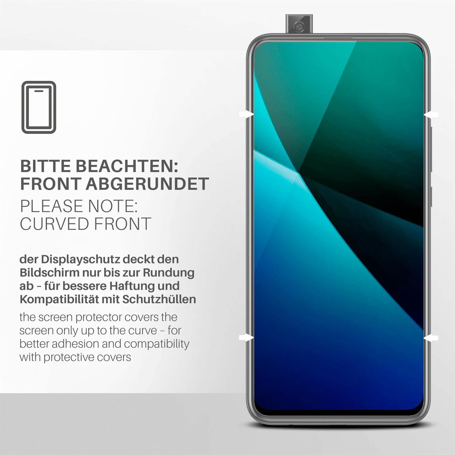 Telefon mit Displayschutz, abgerundete Front. Text: Bitte beachten: Abgerundet.