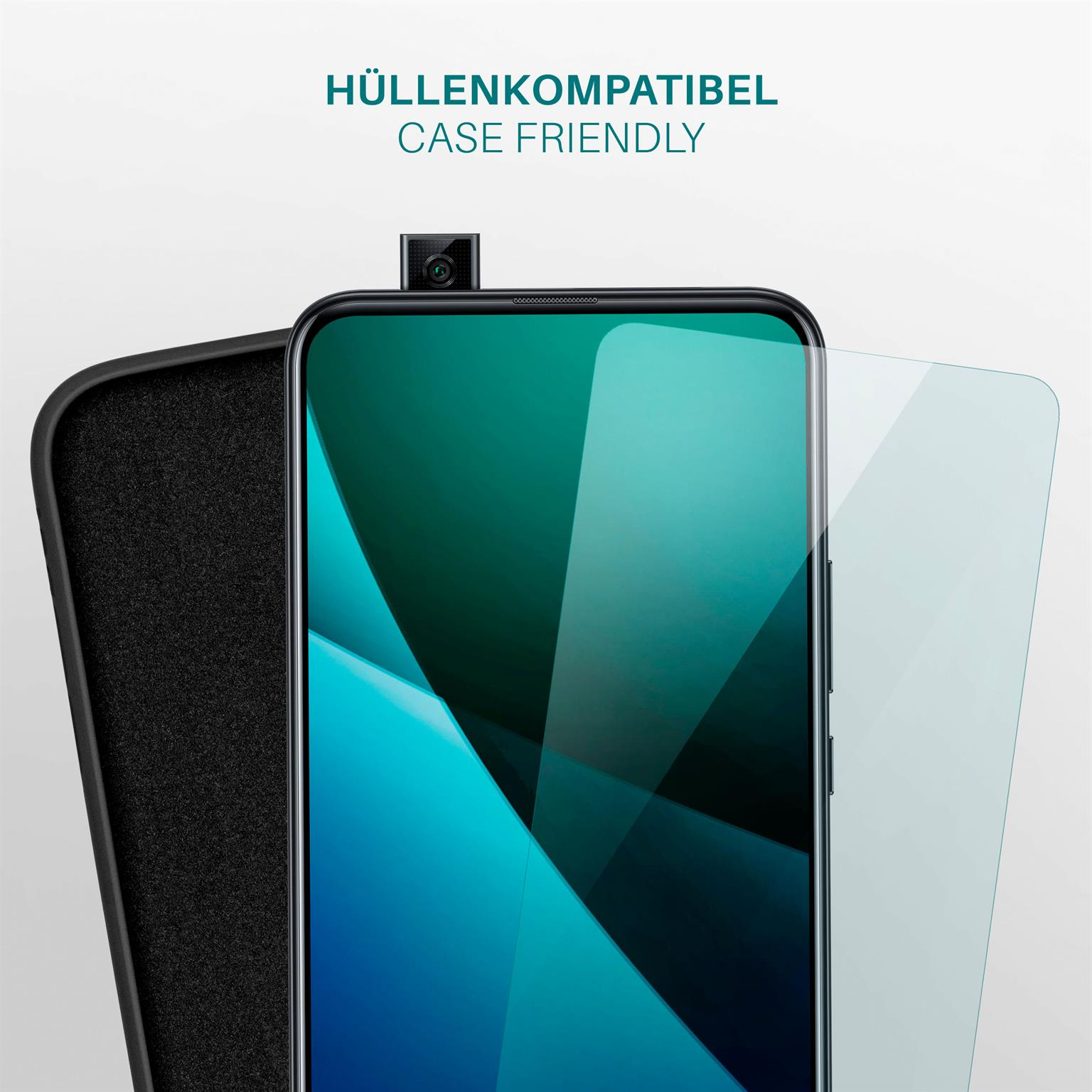 Ein Telefon mit Displayschutz. Eine schwarze Handyhülle im Hintergrund.