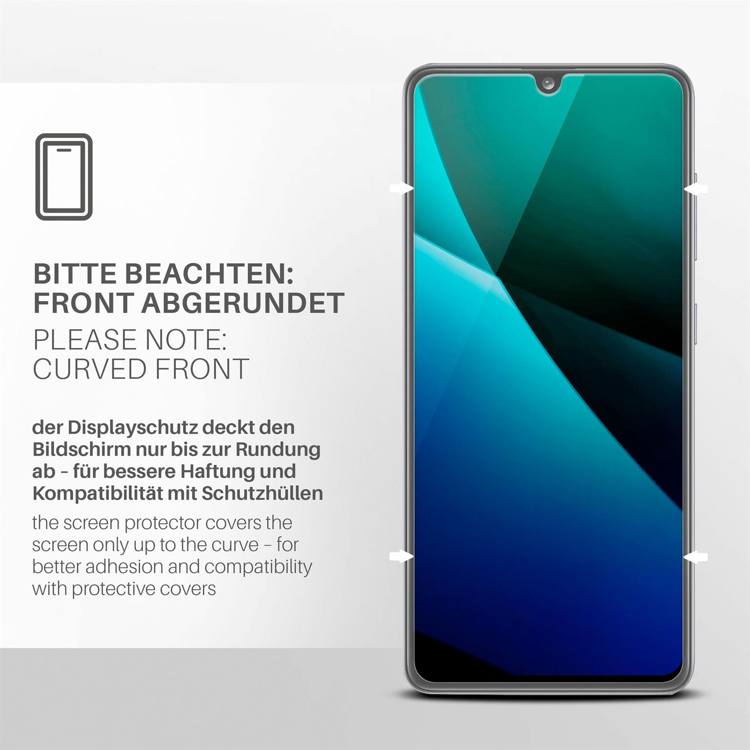 Ein Telefon mit Displayschutz. Text zeigt eine gekrümmte Front. Display bedeckt Bildschirm bis zur Krümmung.