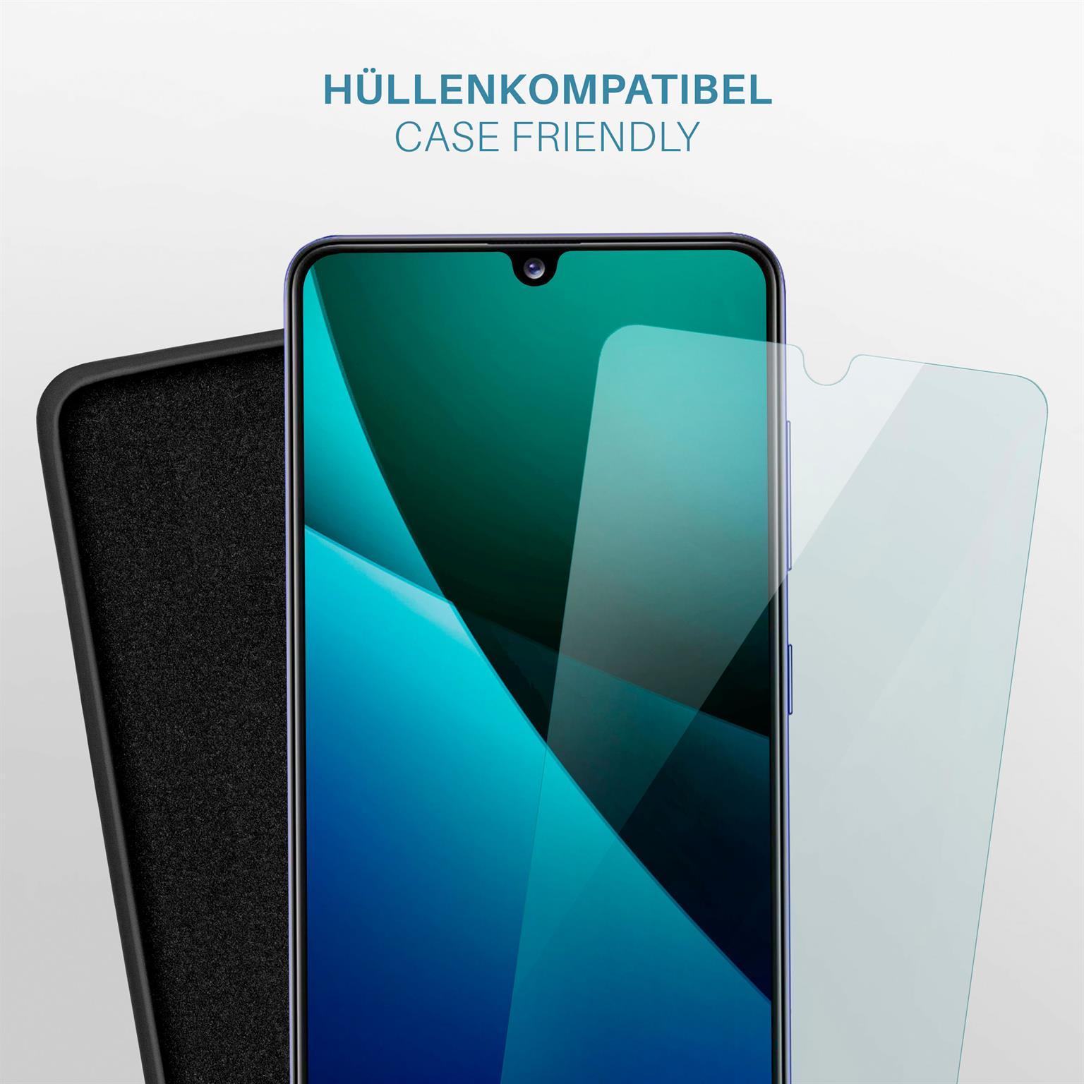 Telefon mit Displayschutz und Hülle, mit blau-grünem Bildschirmbild.