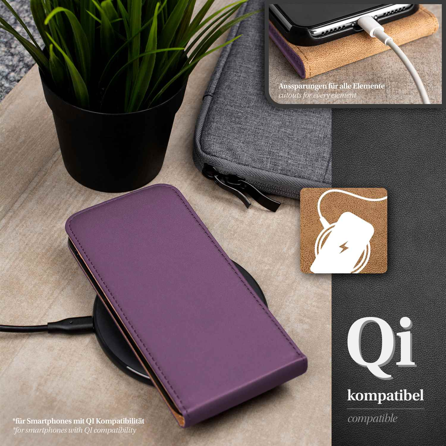 Ein lila Telefoncase lädt kabellos. Eine kleine Pflanze und Zubehör sind im Hintergrund.