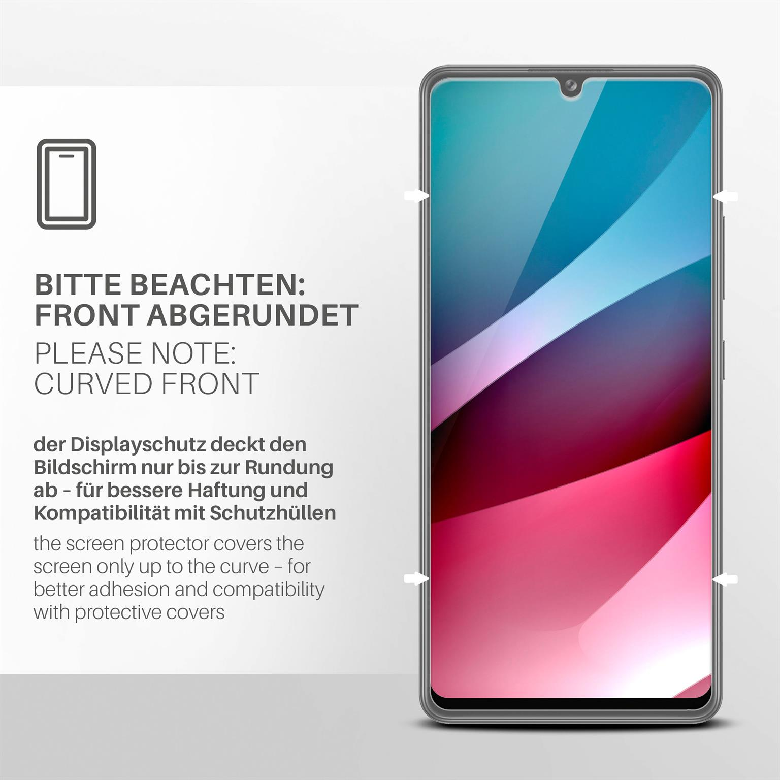 Ein Telefon mit gebogener Vorderseite und Displayschutz. Text: Gebogene Vorderseite.